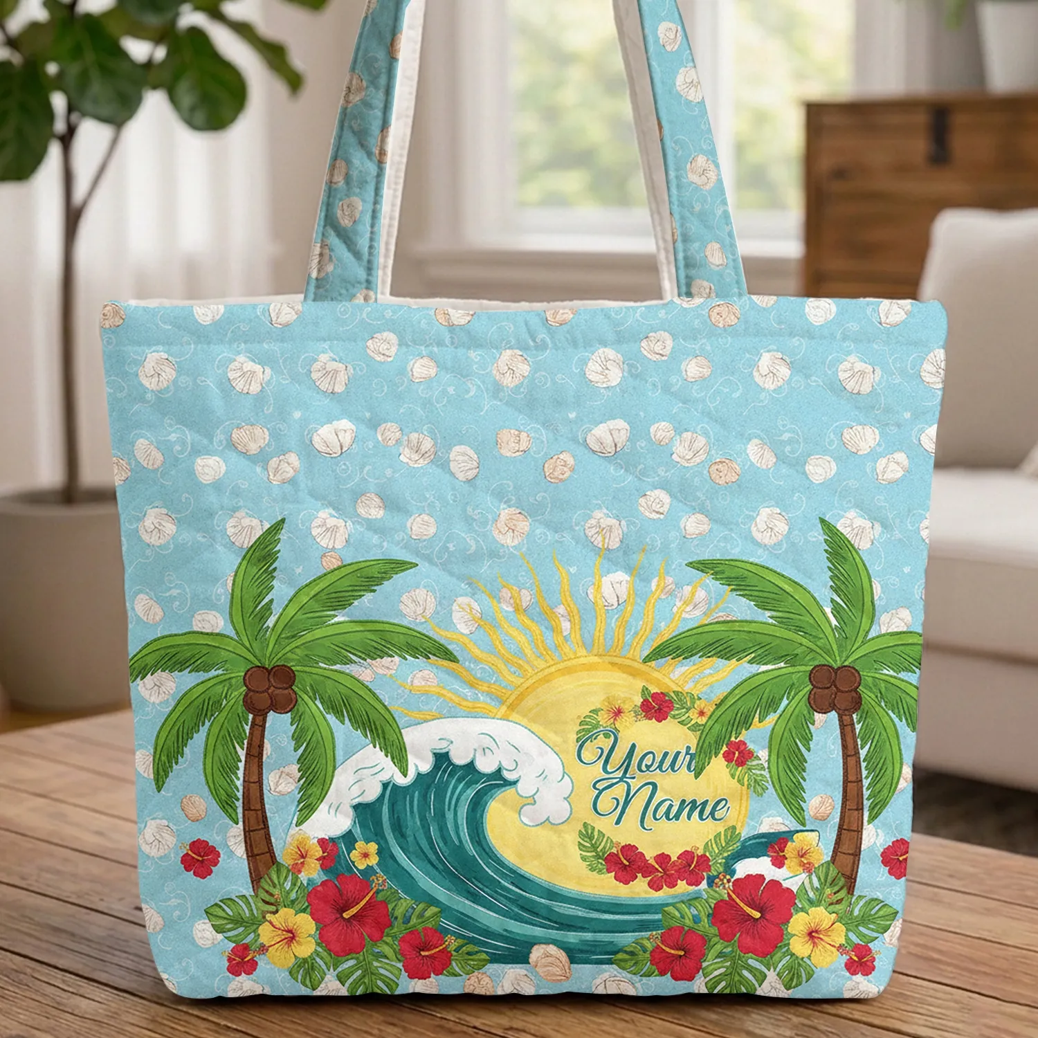 Tropical Beach Palm Tree Ocean Floral Wreath - Coastal Everyday Carry Gift Quilted Tote Bag - 1