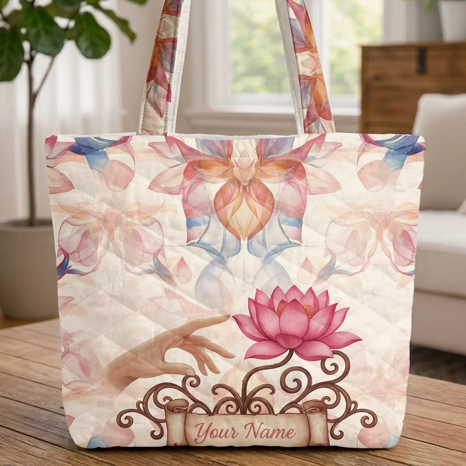 Mystical Hand Pink Lotus Flower - Spiritual Living Gift for Yoga Lover Quilted Tote Bag - 1