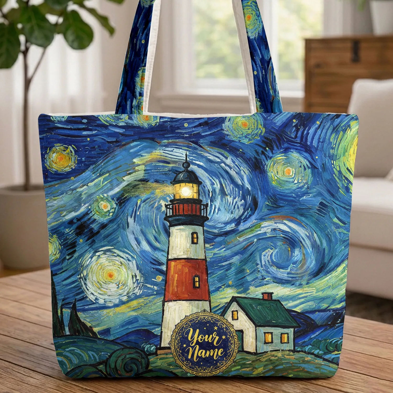 Lighthouse Small House Starry Night Sky Swirling Stars Rolling Hills Quilted Tote Bag - 1