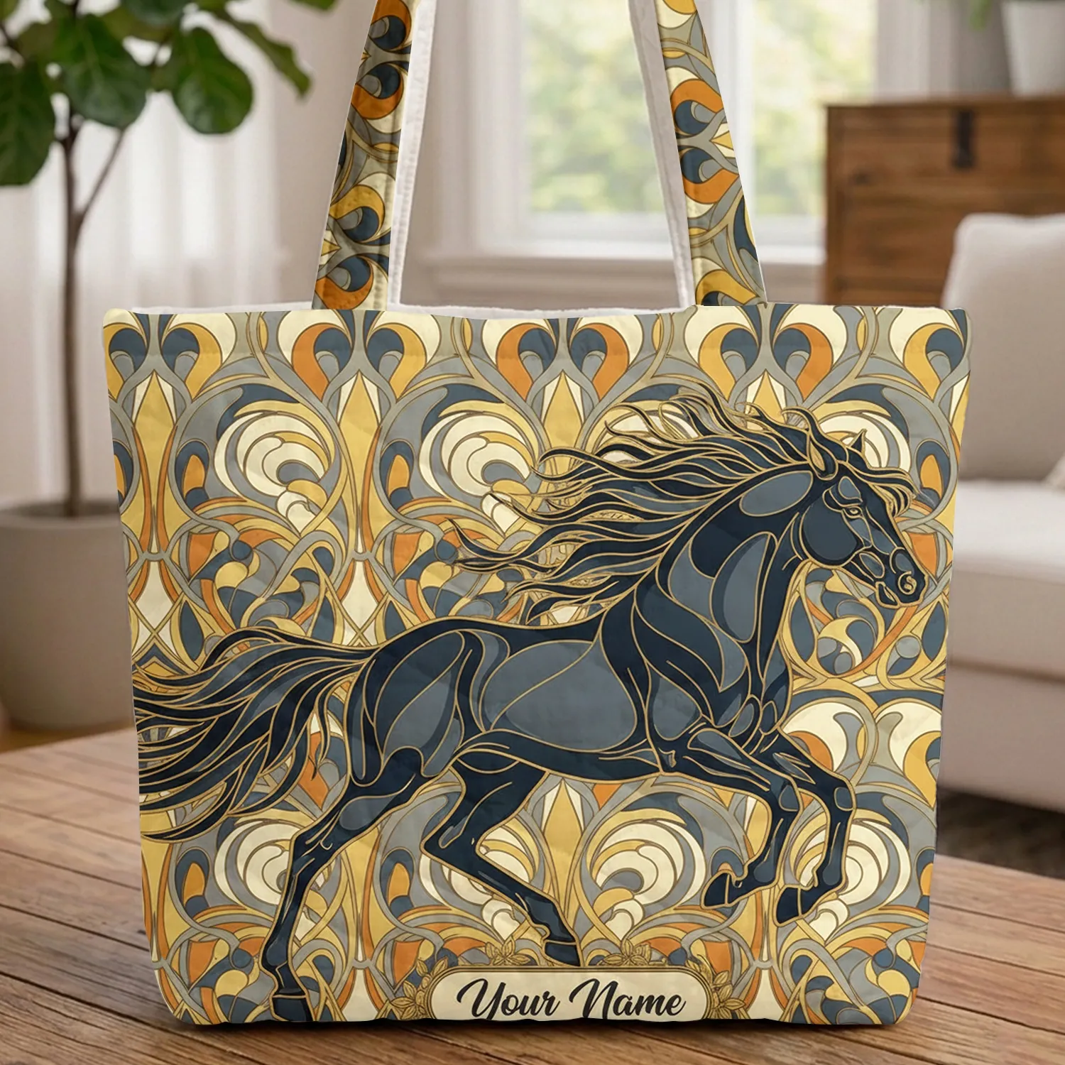 Majestic Navy Gold Wild Horse Galloping Small Leaf Garland - Wildlife Lover Gift Quilted Tote Bag - 1
