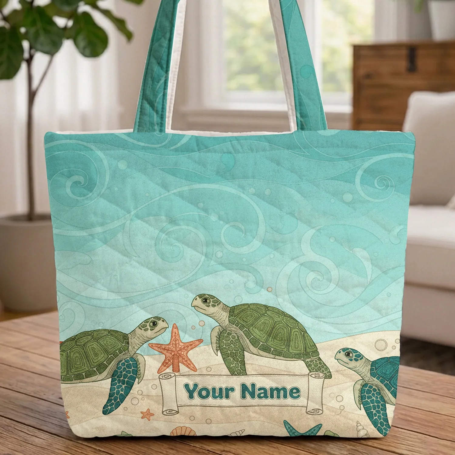 Swirling Ocean Waves Sea Turtles Sandy Seashells Starfish - Wildlife Lover Gift Quilted Tote Bag - 1