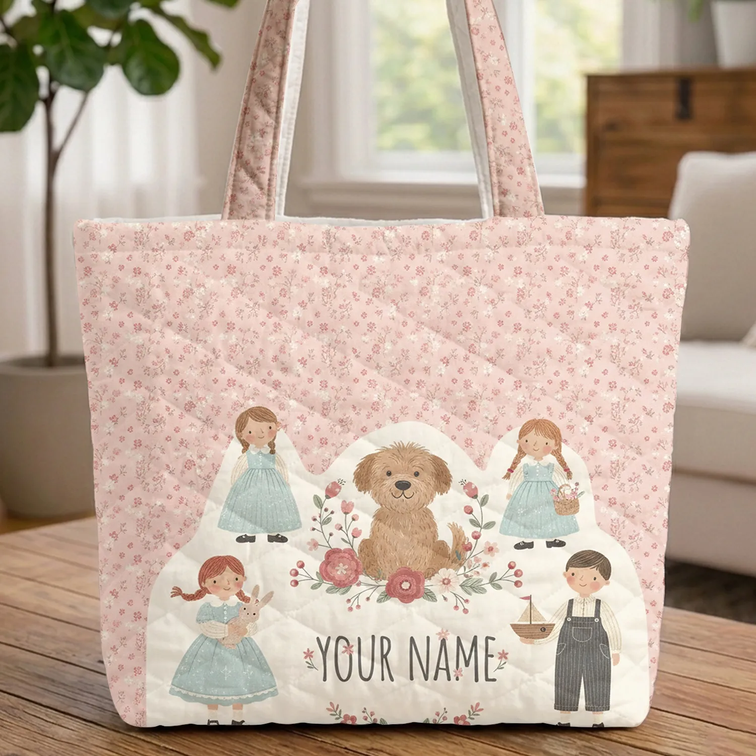 Fluffy Brown Dog Tiny Floral Sprigs Green Leaves Wreath - Dog Lover Everyday Gift Quilted Tote Bag - 1