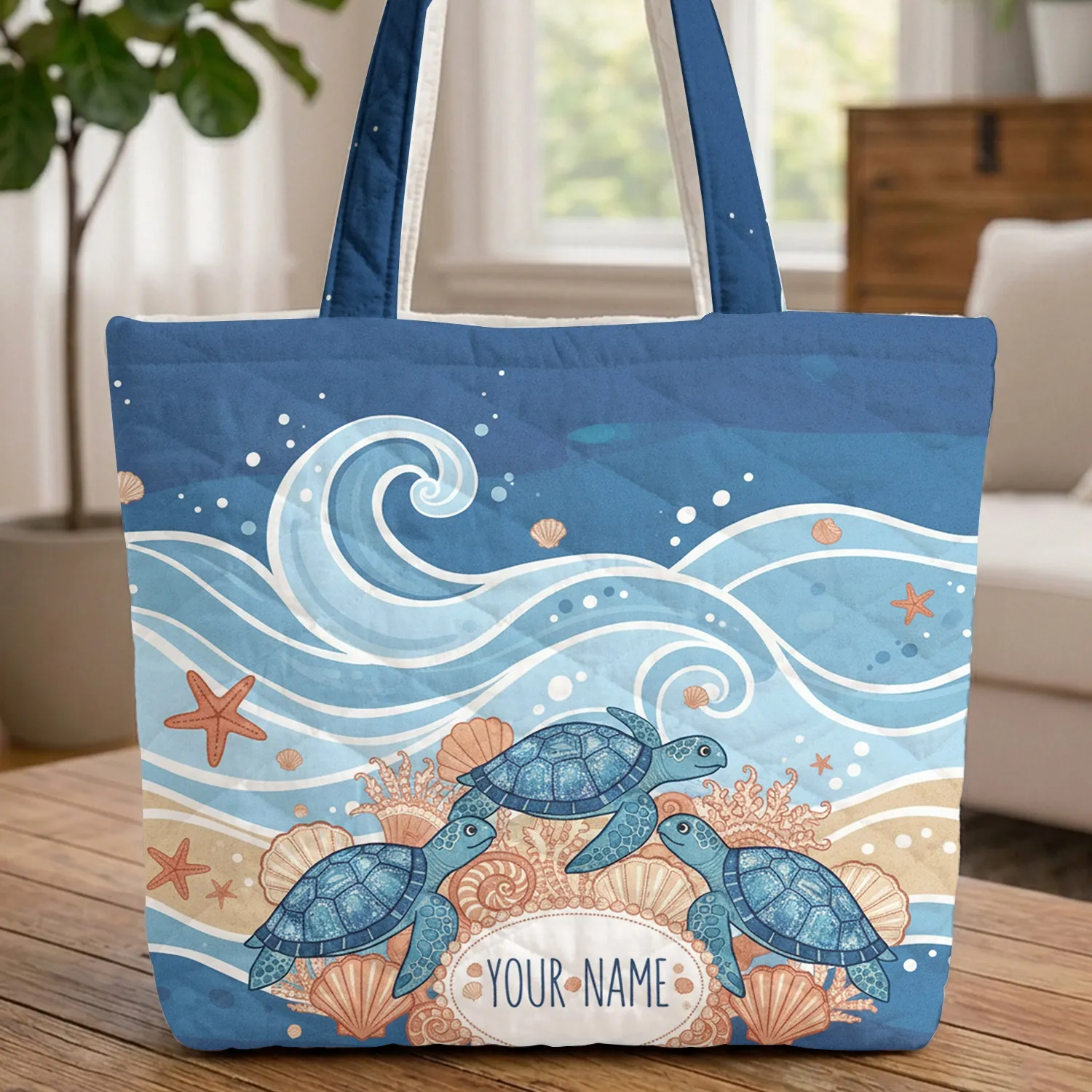 Personalized Blue Sea Turtles Ocean Waves Seashells - Ocean Lover Gift Quilted Tote Bag - 1