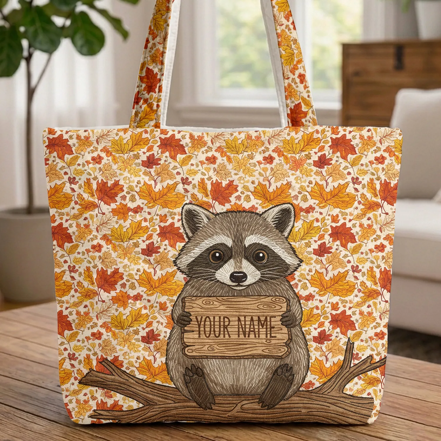 Autumn Raccoon Leaves Wooden Name Sign - Fall Decor Gift for Nature Lover Quilted Tote Bag - 1