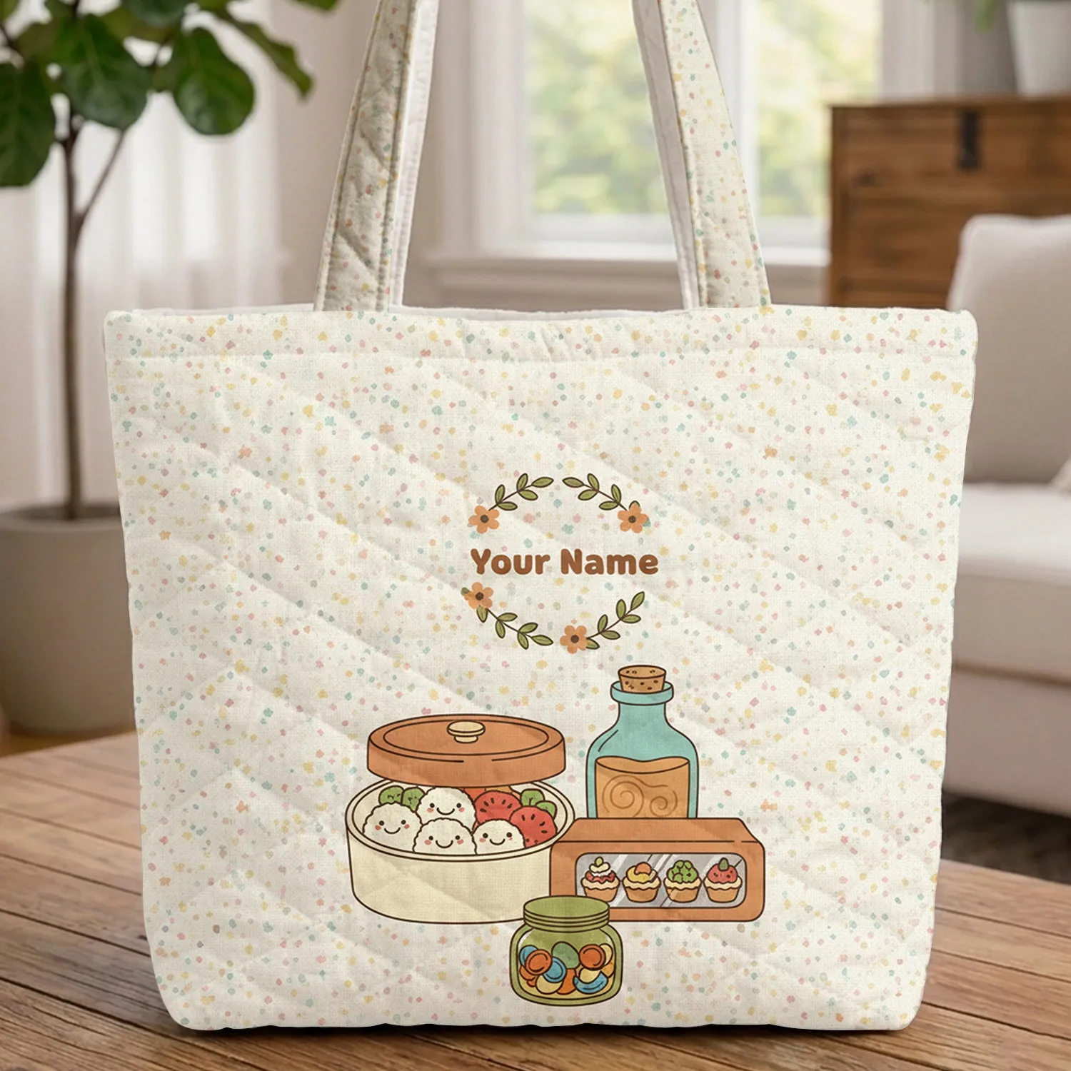 Food Jars Bottles Floral Wreath Party Confetti - Celebration Gift Quilted Tote Bag - 1
