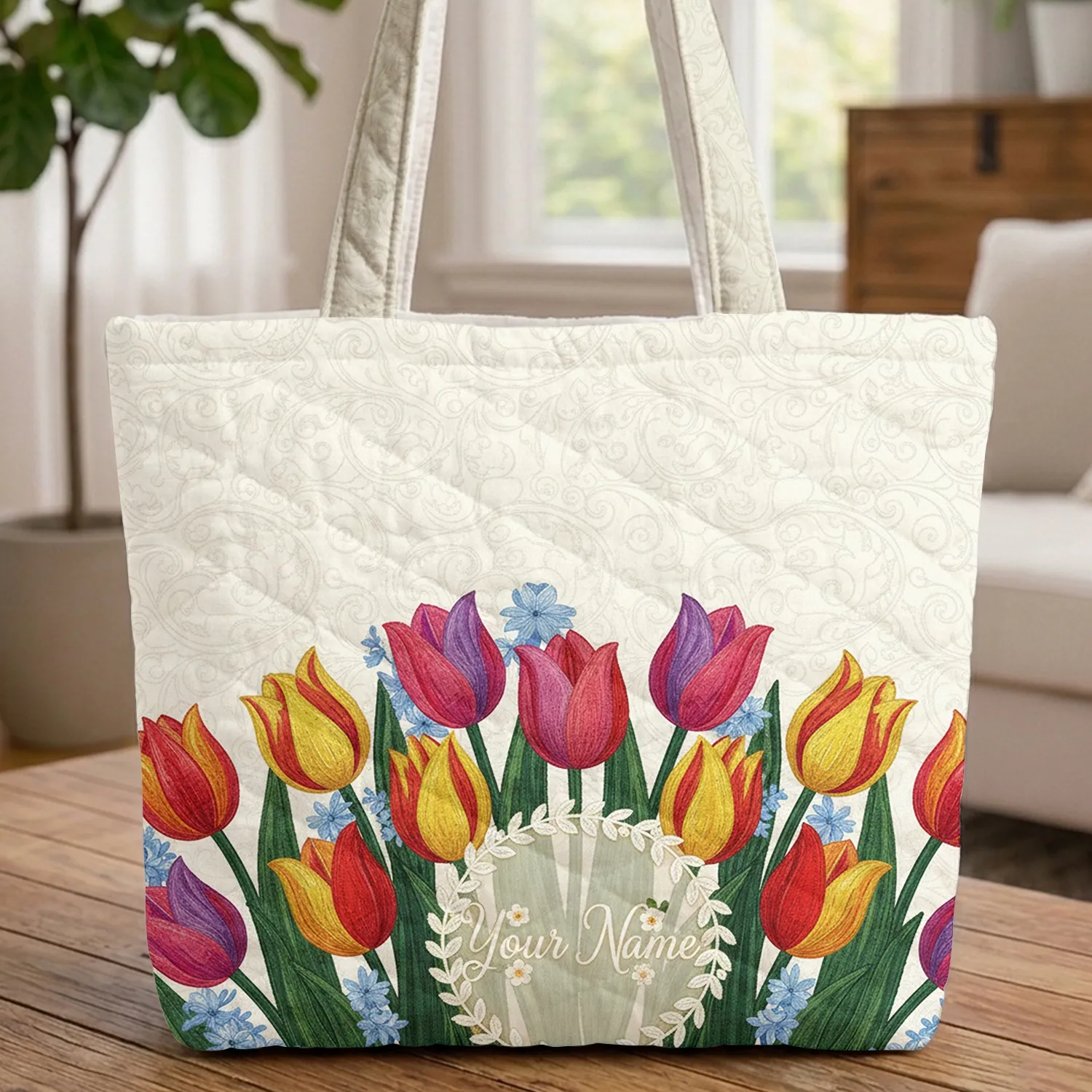 Vibrant Tulips Hyacinths Swirls Name Floral Lover Gift Quilted Tote Bag - 1