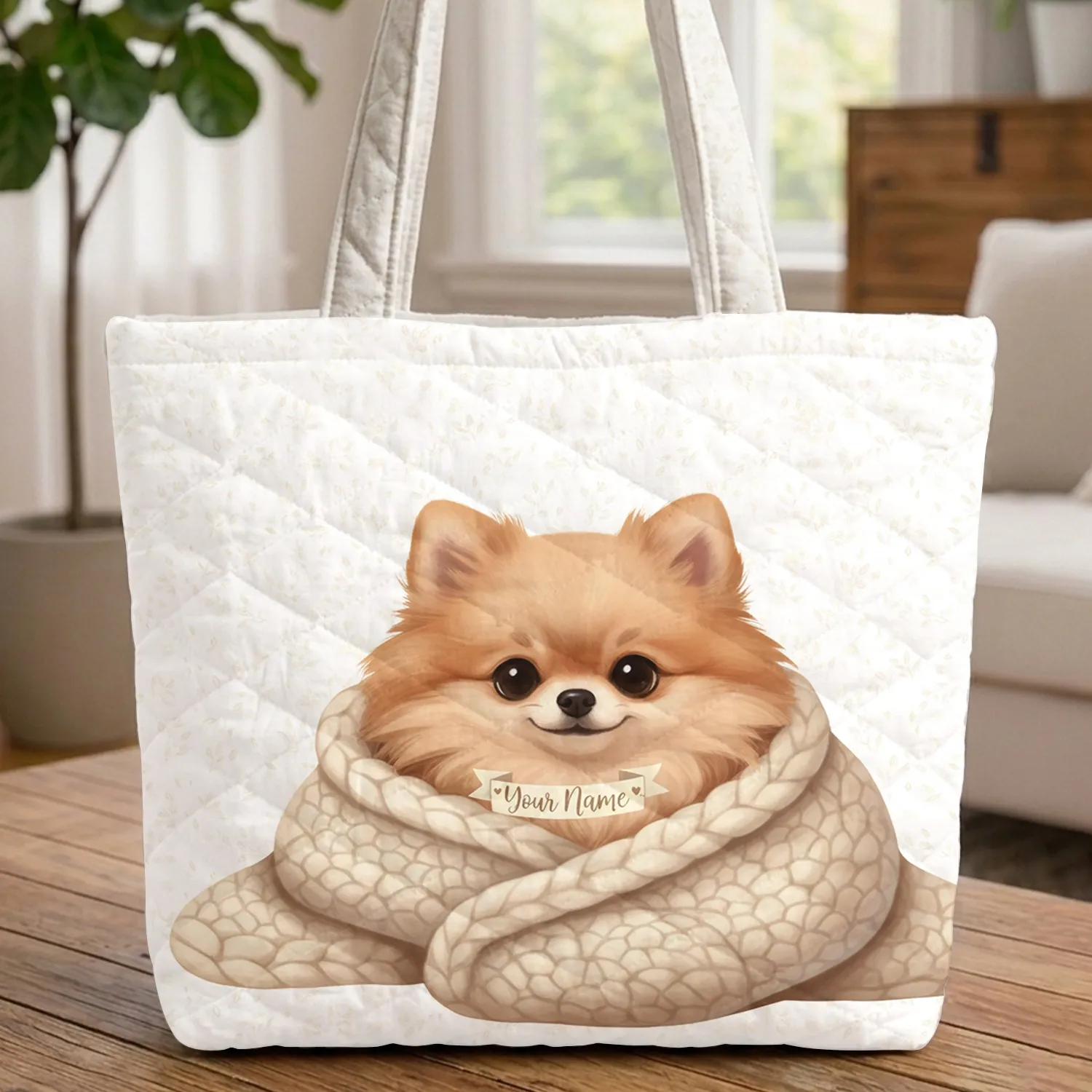 Smiling Pomeranian Dog in Blanket Personalized Name - Dog Lover Everyday Gift Quilted Tote Bag - 1