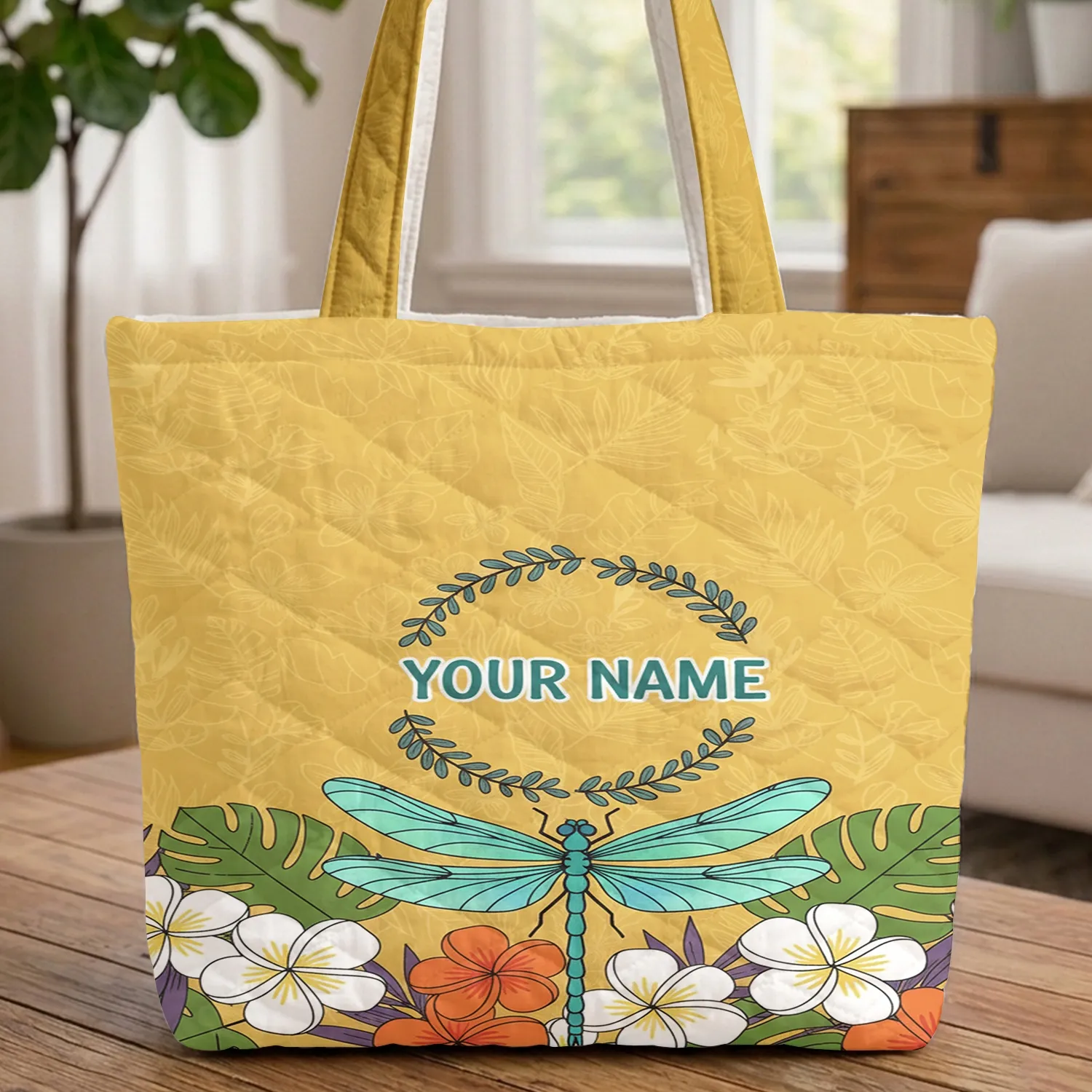 Dragonfly Plumeria Tropical Foliage Name Wreath - Everyday Tote Travel Gift Quilted Tote Bag - 1