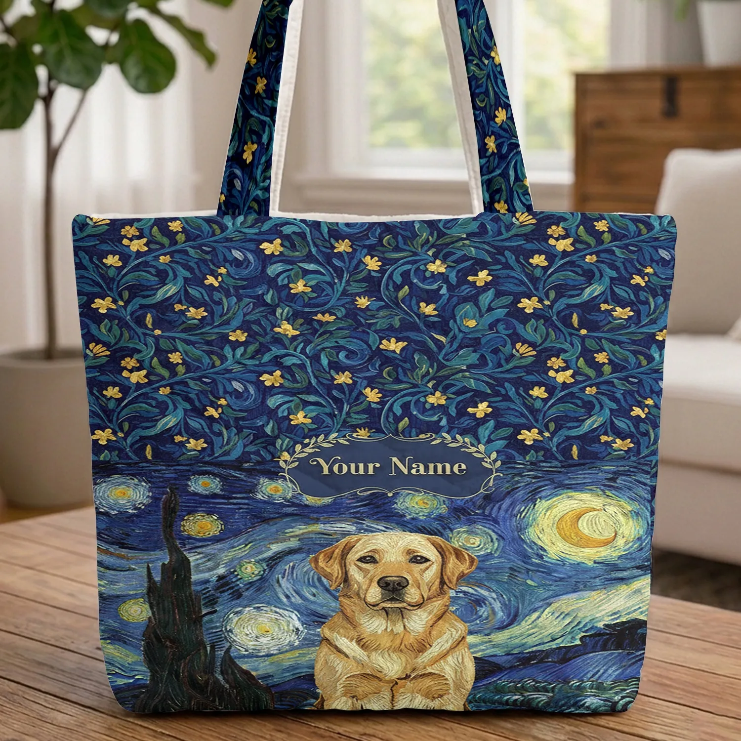 Personalized Golden Labrador Retriever Night Sky Crescent Moon - Dog Lover Gift Quilted Tote Bag - 1