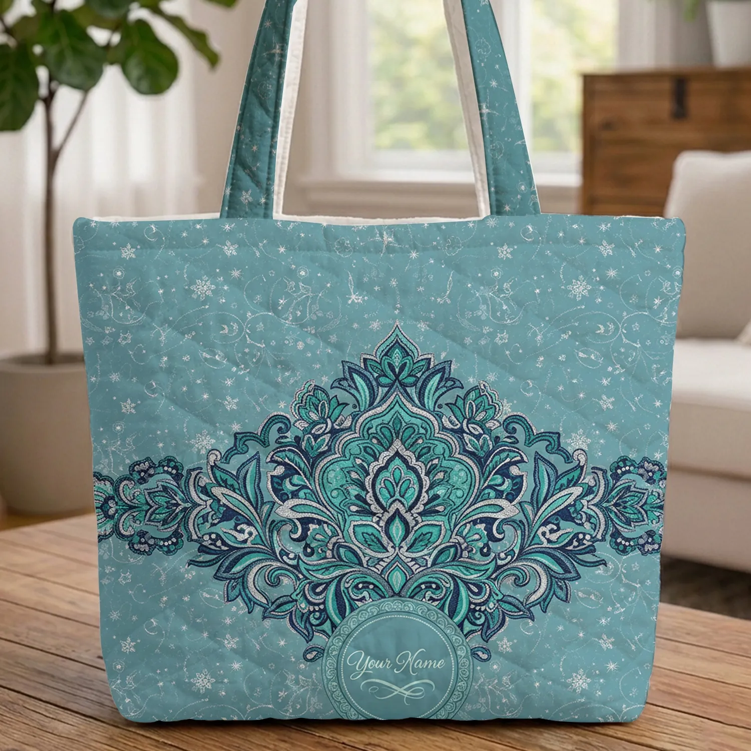 Celestial Stars Damask Floral Your Name Medallion - Everyday Tote Gift for Her Quilted Tote Bag - 1