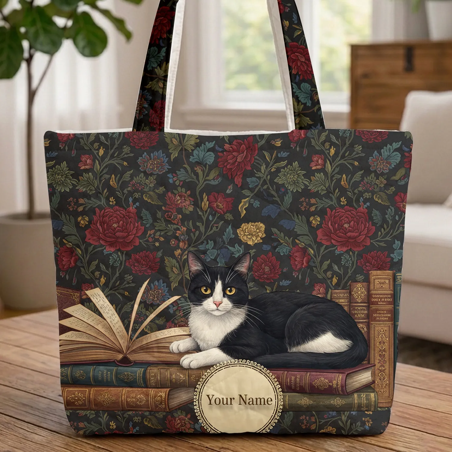 Tuxedo Cat Antique Books Roses Chrysanthemums - Cat Lover Book Lover Gift Quilted Tote Bag - 1