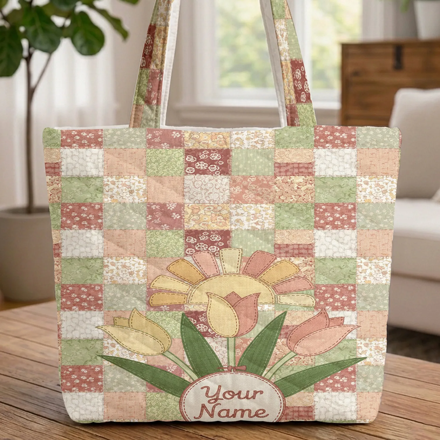 Radiating Sun Blooming Tulips Hoop Irregular Patchwork Gift Quilted Tote Bag - 1