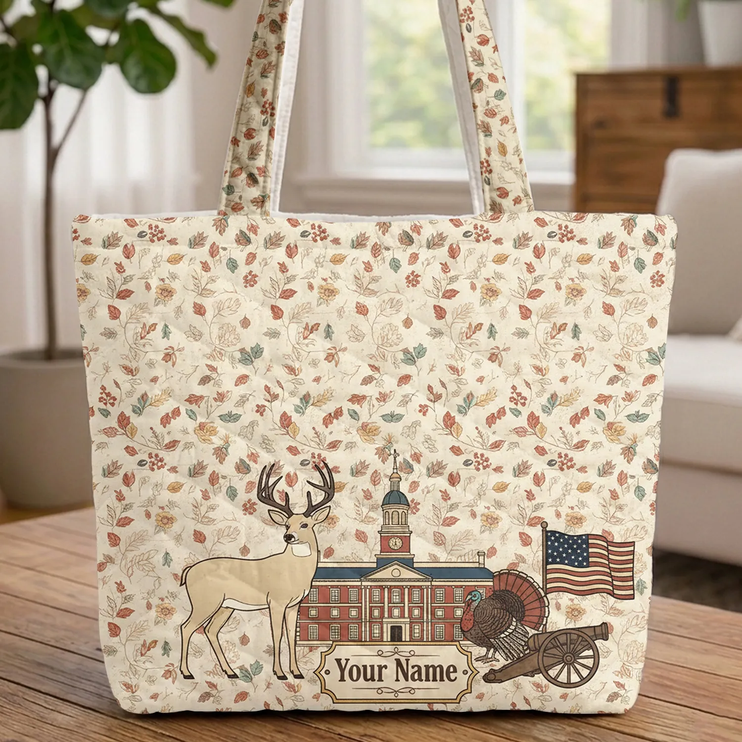 American Flag Name Plaque Autumn - History Lover Gift Quilted Tote Bag - 1
