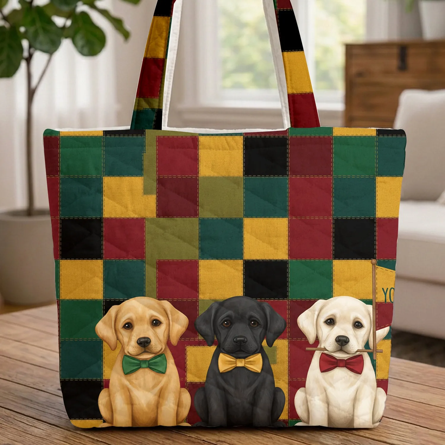 Golden Black Cream Labrador Puppies Personal Pennant - Dog Lover Everyday Tote Quilted Tote Bag - 1