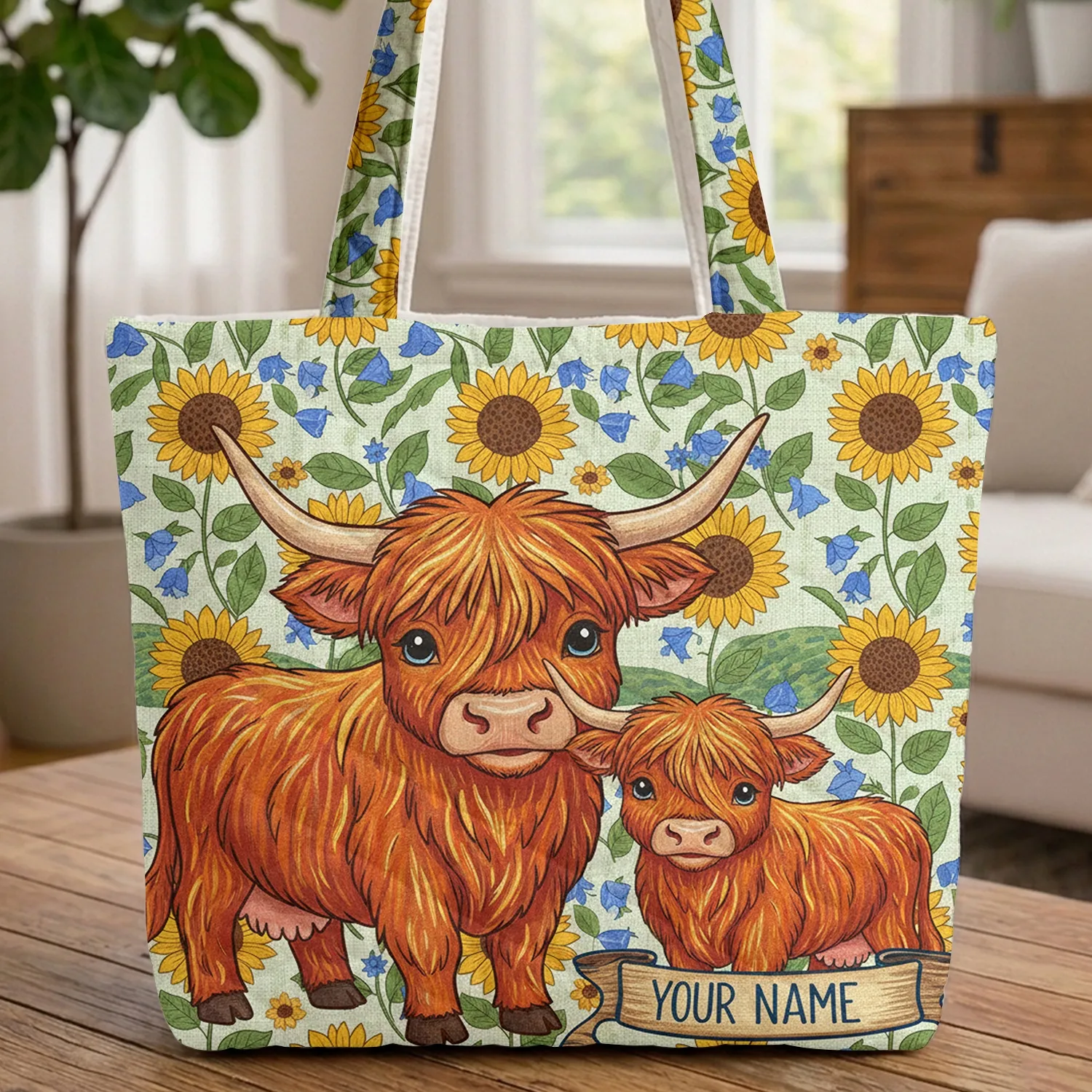 Highland Cow Sunflowers Bellflowers Rolling Hills - Farmhouse Decor Cow Lover Gift Quilted Tote Bag - 1