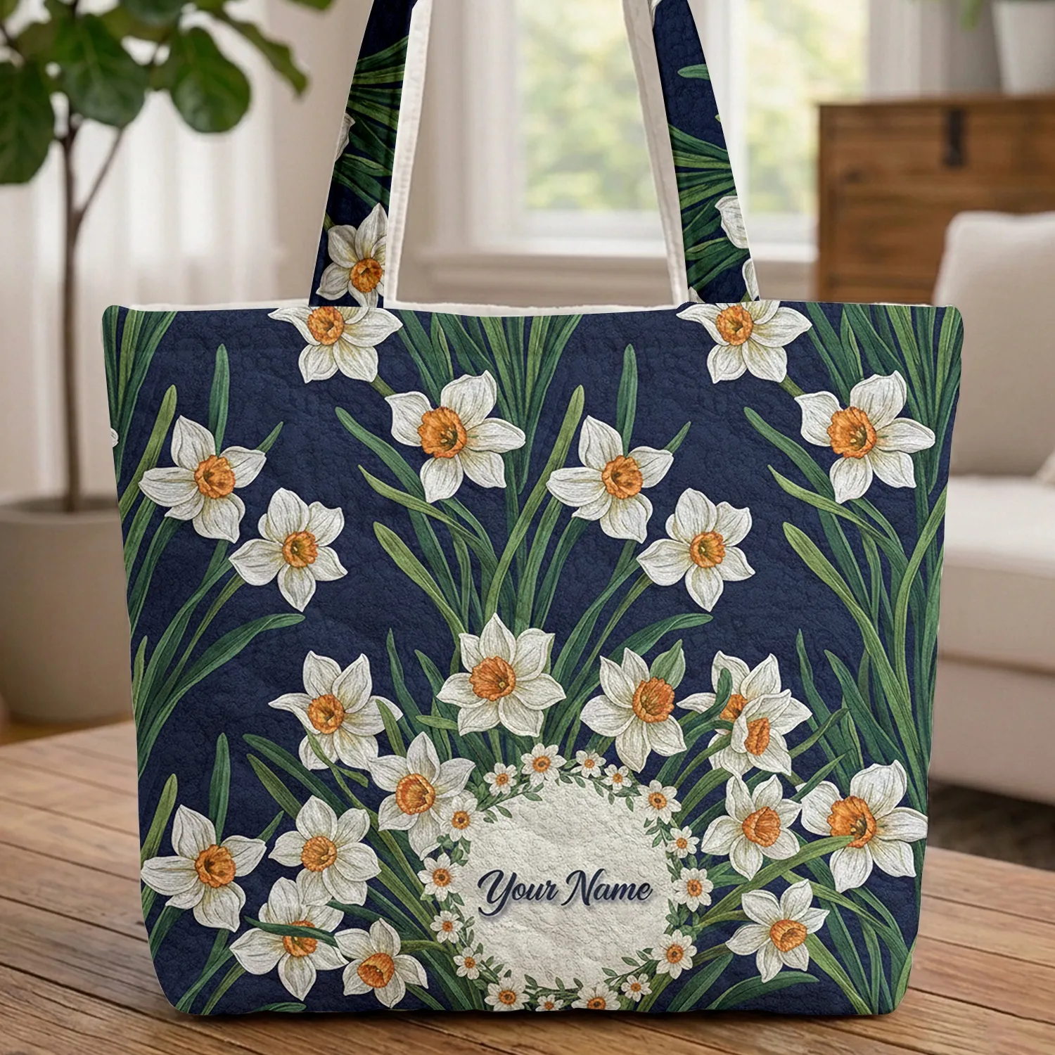 White Narcissus Floral Wreath - Everyday Tote Flower Lover Gift Quilted Tote Bag - 1