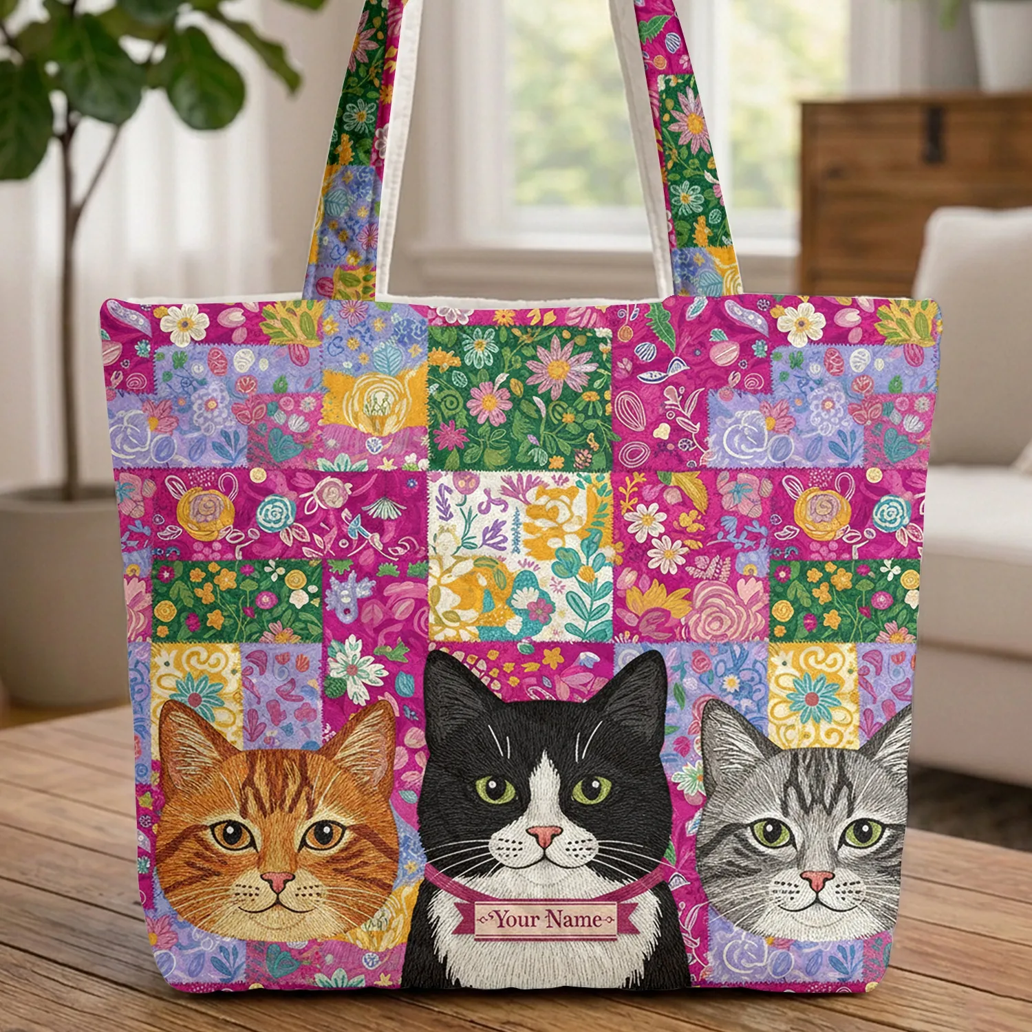 Orange Tuxedo Grey Tabby Cat Faces Floral Patchwork Name Ribbon - Everyday Cat Lover Gift Quilted Tote Bag - 1