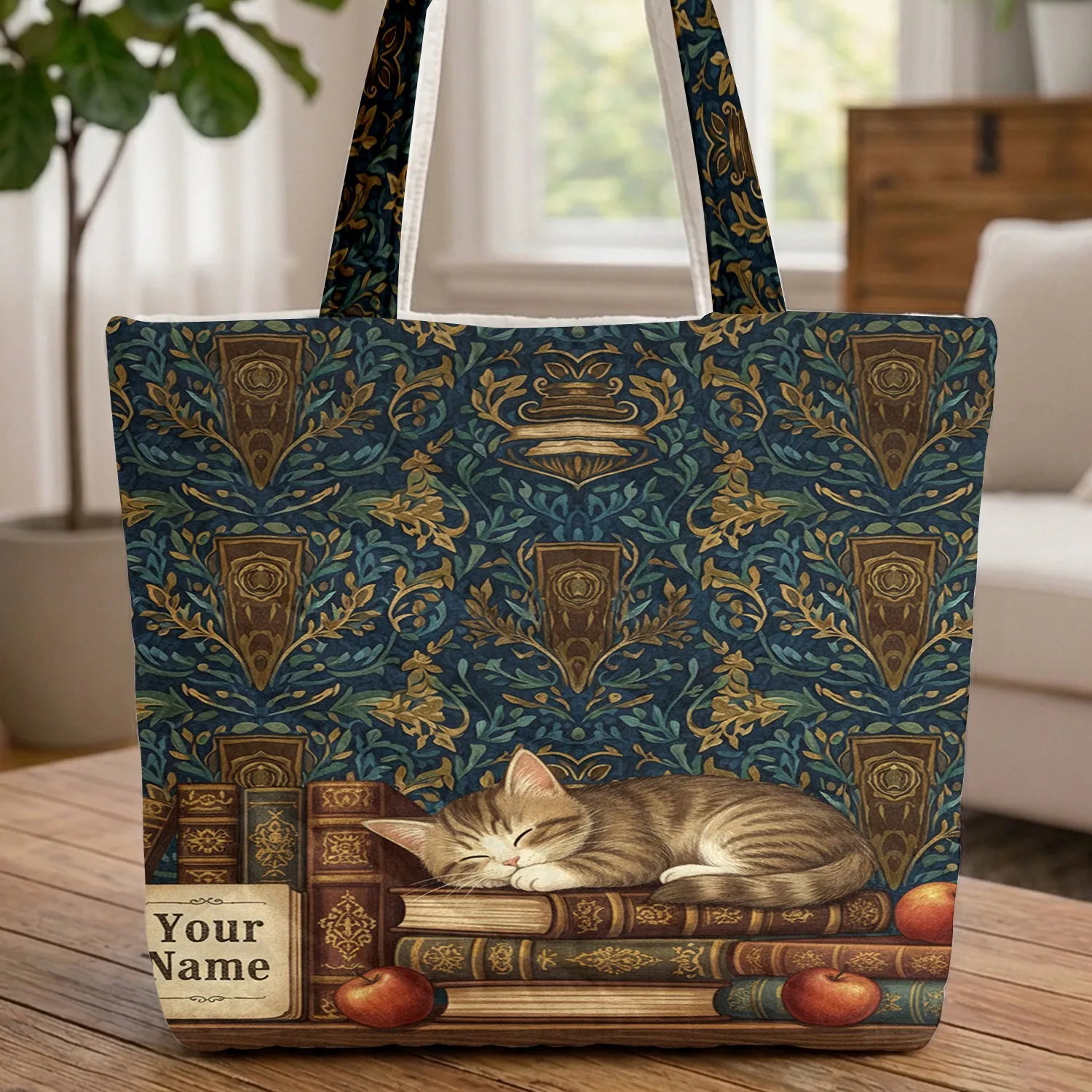 Sleeping Tabby Kitten Vintage Book Stack - Cat Lover Bookworm Gift Quilted Tote Bag - 1