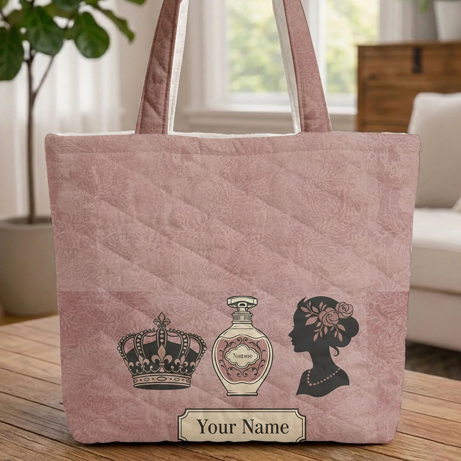 Crowns Perfume Bottles Female Busts Vintage Plaque Everyday Lifestyle Gift for Her Quilted Tote Bag - 1