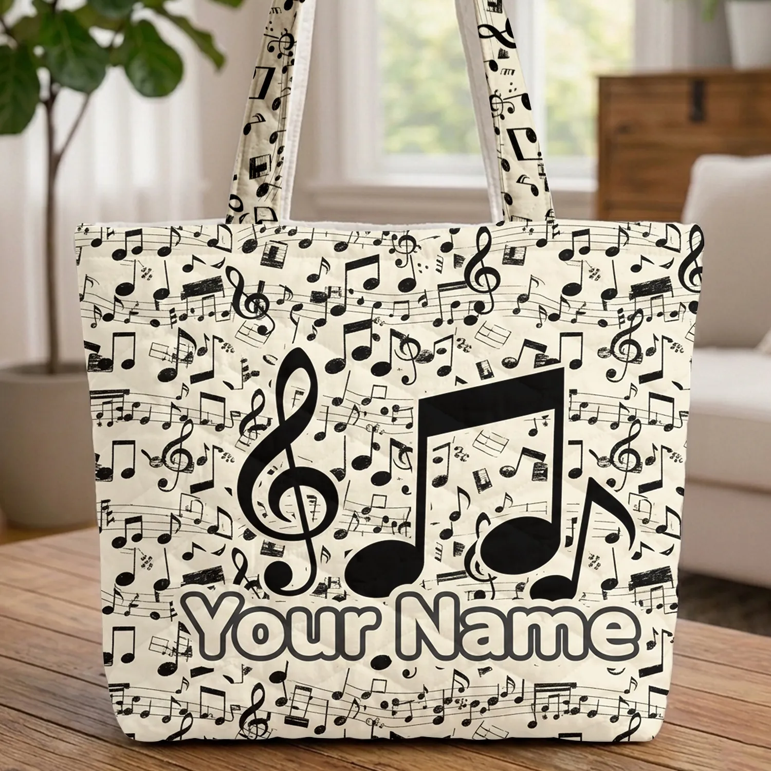 Personalized Musical Notes Treble Clef - Everyday Music Lover Gift Quilted Tote Bag - 1
