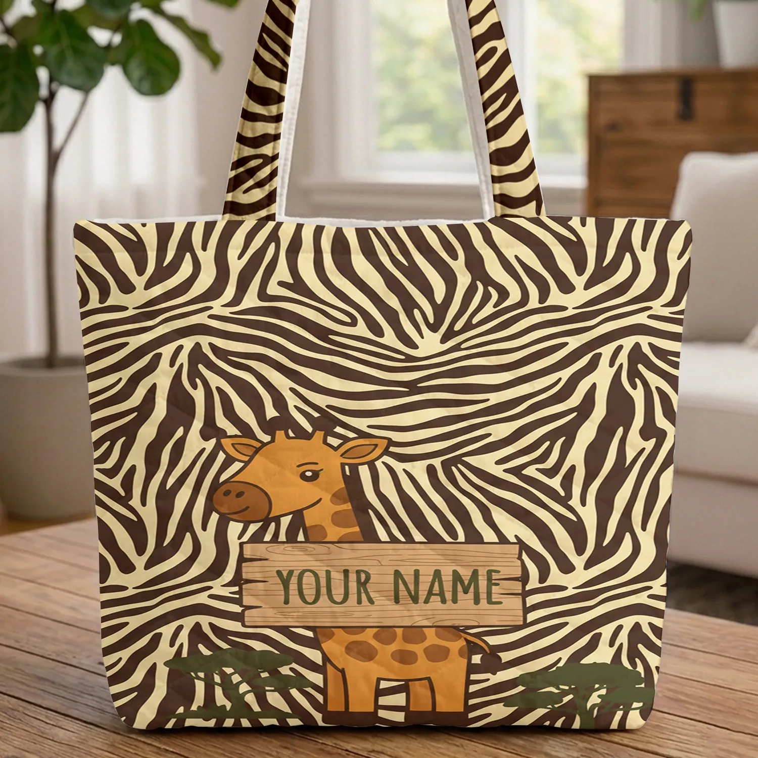 Baby Giraffe Acacia Trees Personalized Sign Zebra Stripes - Wildlife Safari Gift Quilted Tote Bag - 1