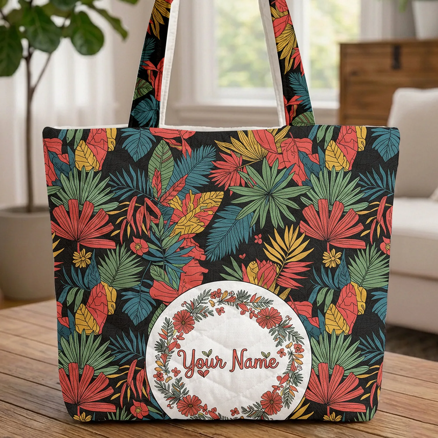 Tropical Foliage Name Wreath Heart Leaf Accents - Nature Lover Everyday Carry Quilted Tote Bag - 1