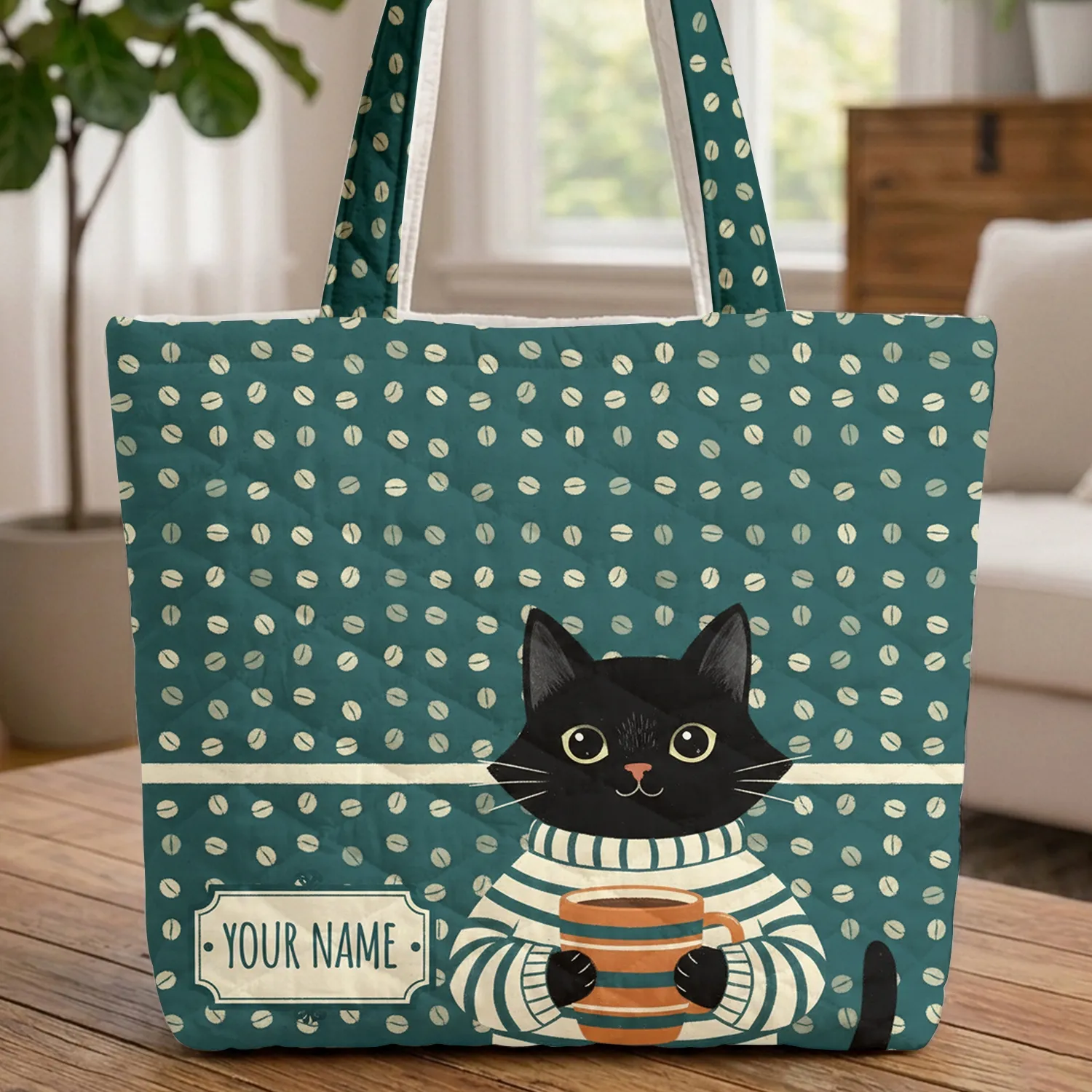 Black Cat Coffee Bean Mug Personalized Name - Everyday Cat Coffee Lover Gift Quilted Tote Bag - 1
