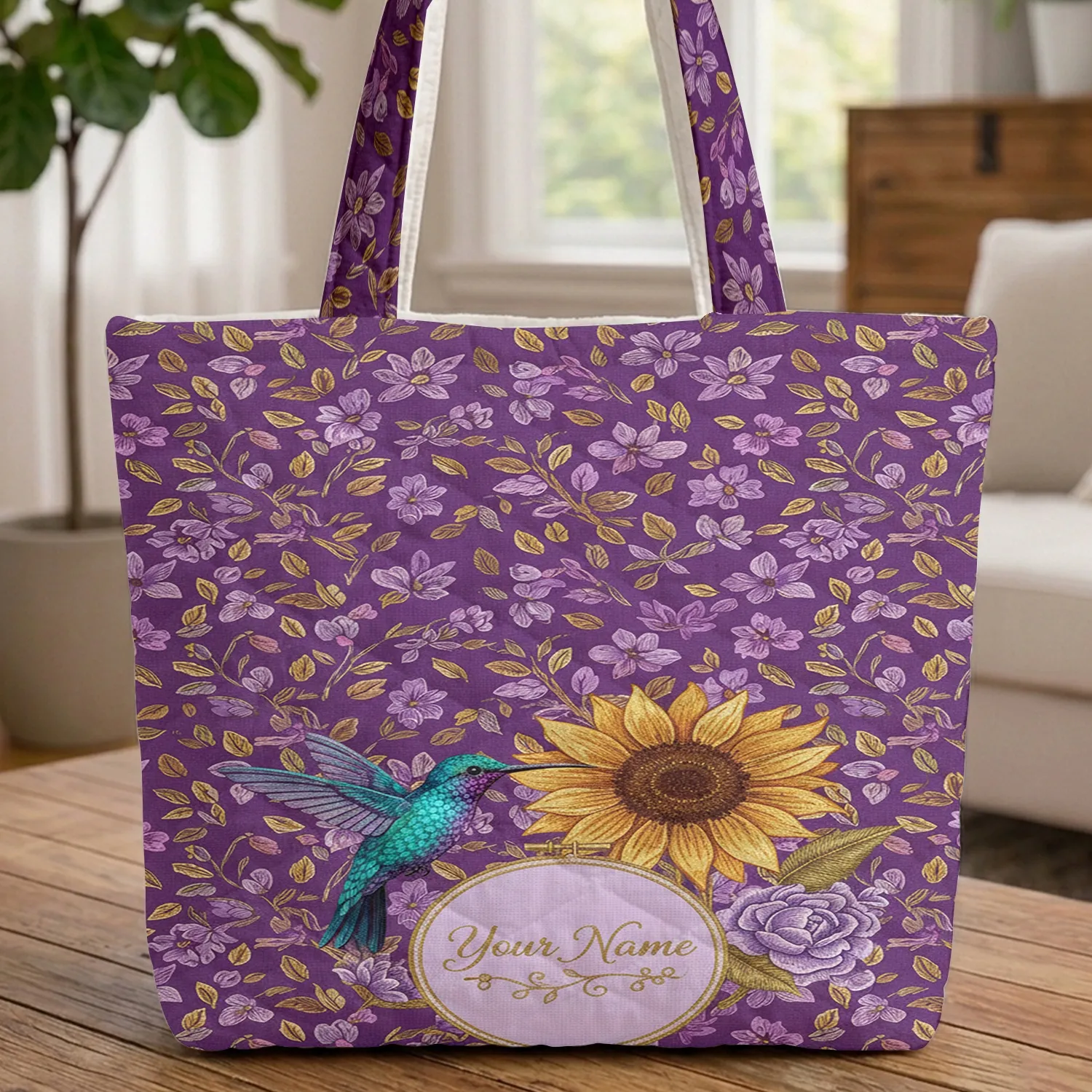 Hummingbird Sunflower Wildflower Personalized Name - Nature Lover Keepsake Gift Quilted Tote Bag - 1