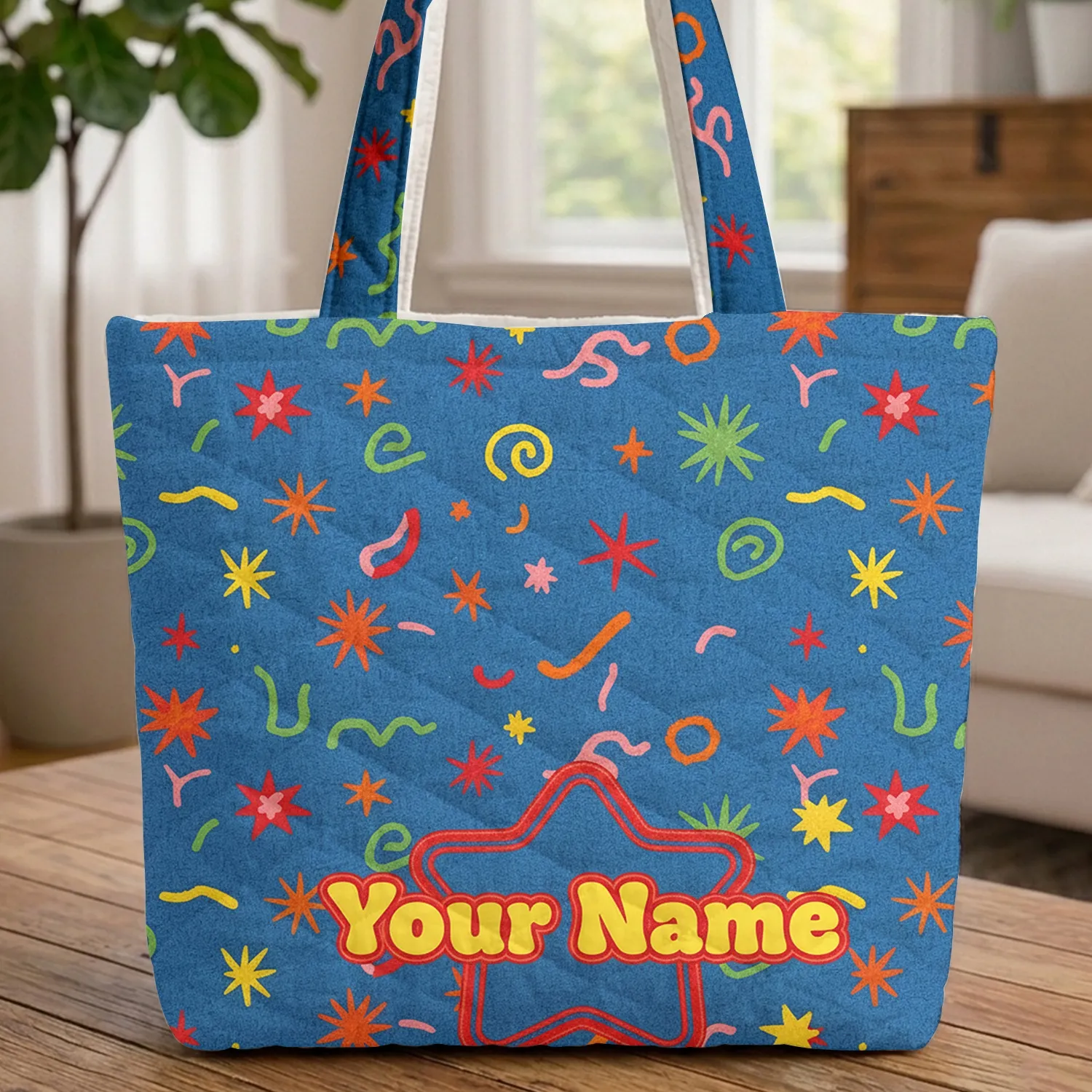 Starburst Wavy Lines Name Star Patch Chunky Bubble Letters - Everyday Tote Quilted Tote Bag - 1