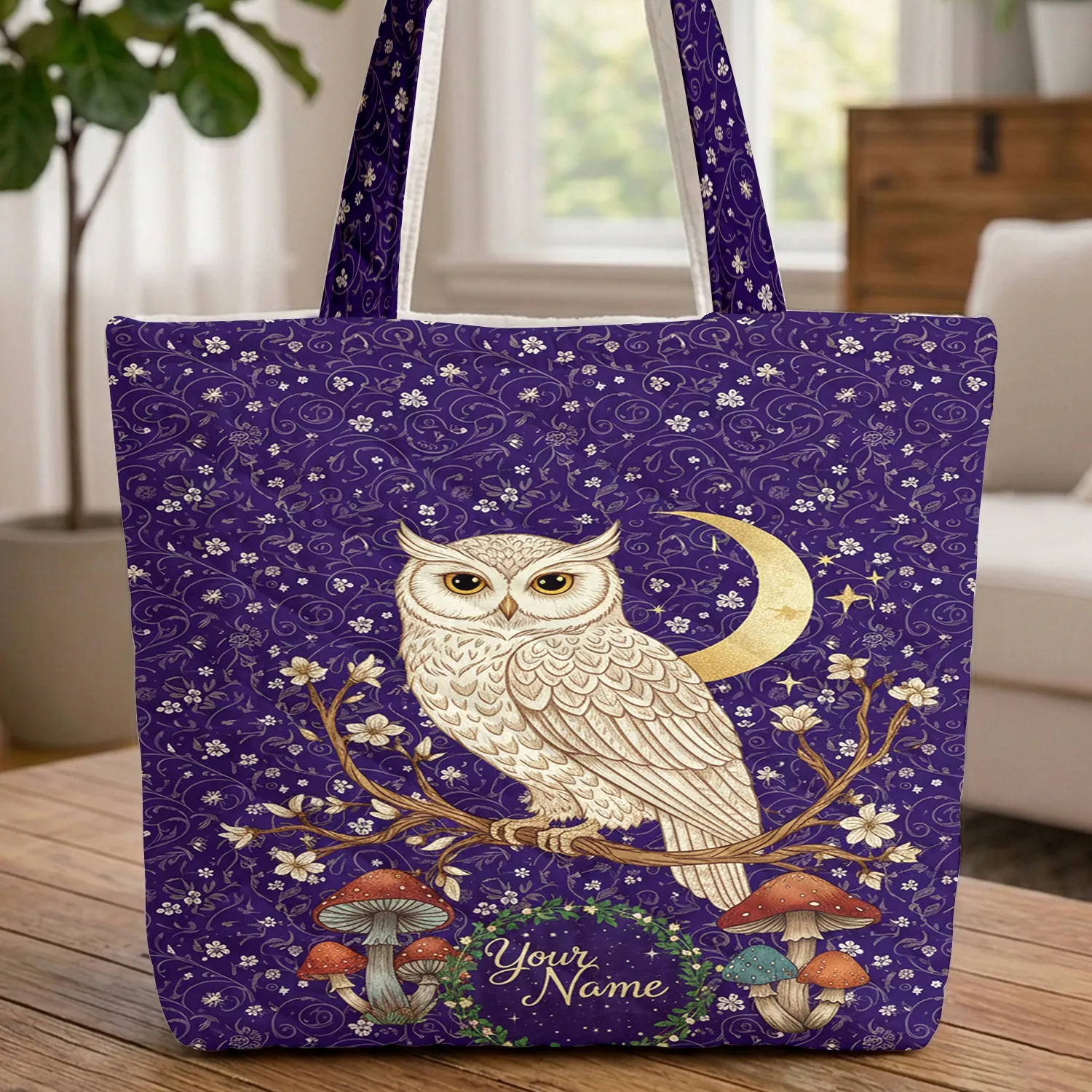 Personalized White Owl Mushroom Night Sky - Nature Lover Gift Quilted Tote Bag - 1