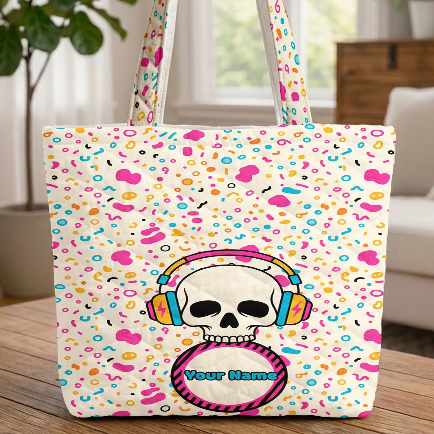 Skull Headphones Lightning Bolt - 90s Throwback Gift for Music Lover Quilted Tote Bag - 1