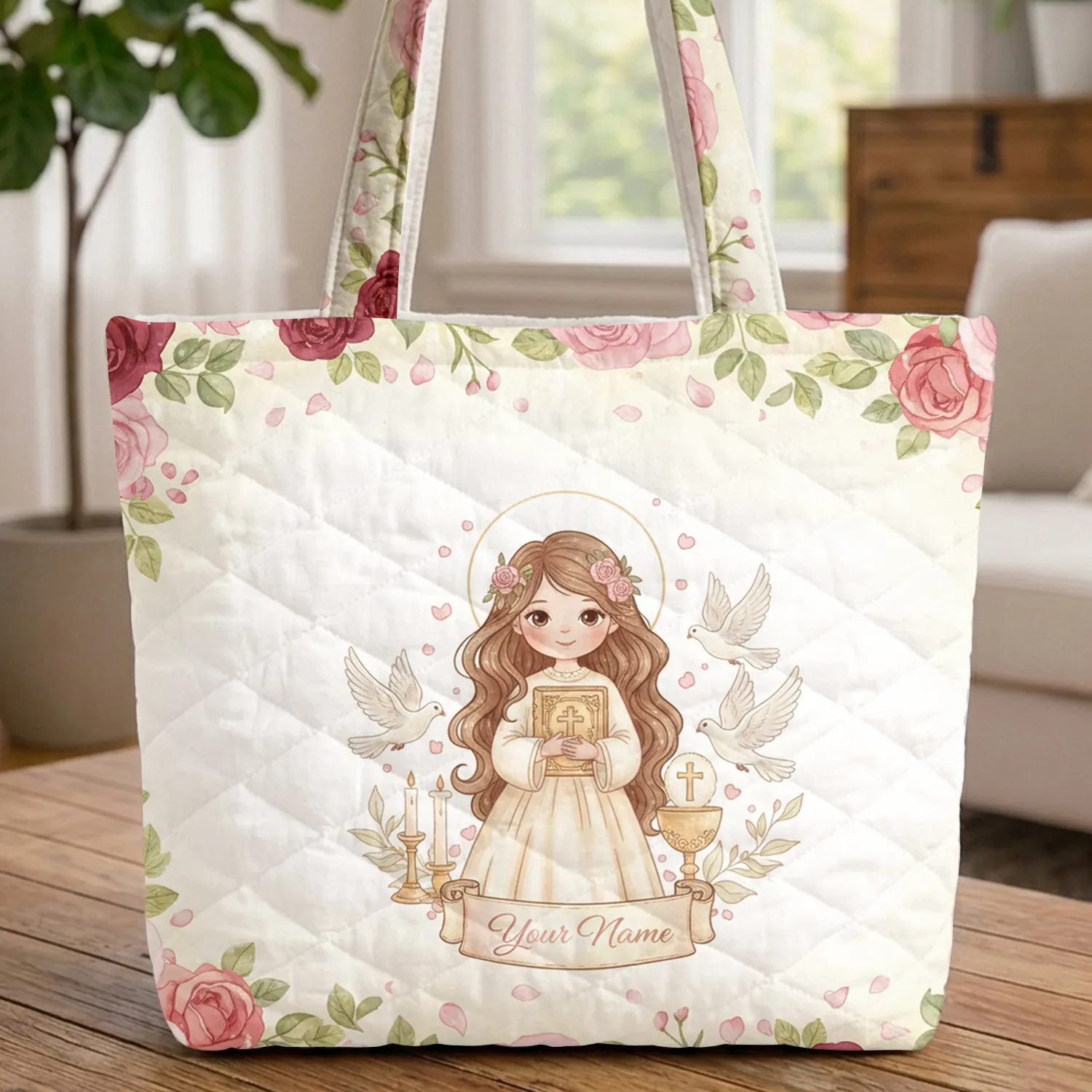 Young Girl Golden Book Doves Roses Chalice - Everyday Carry Gift for Girls Quilted Tote Bag - 1