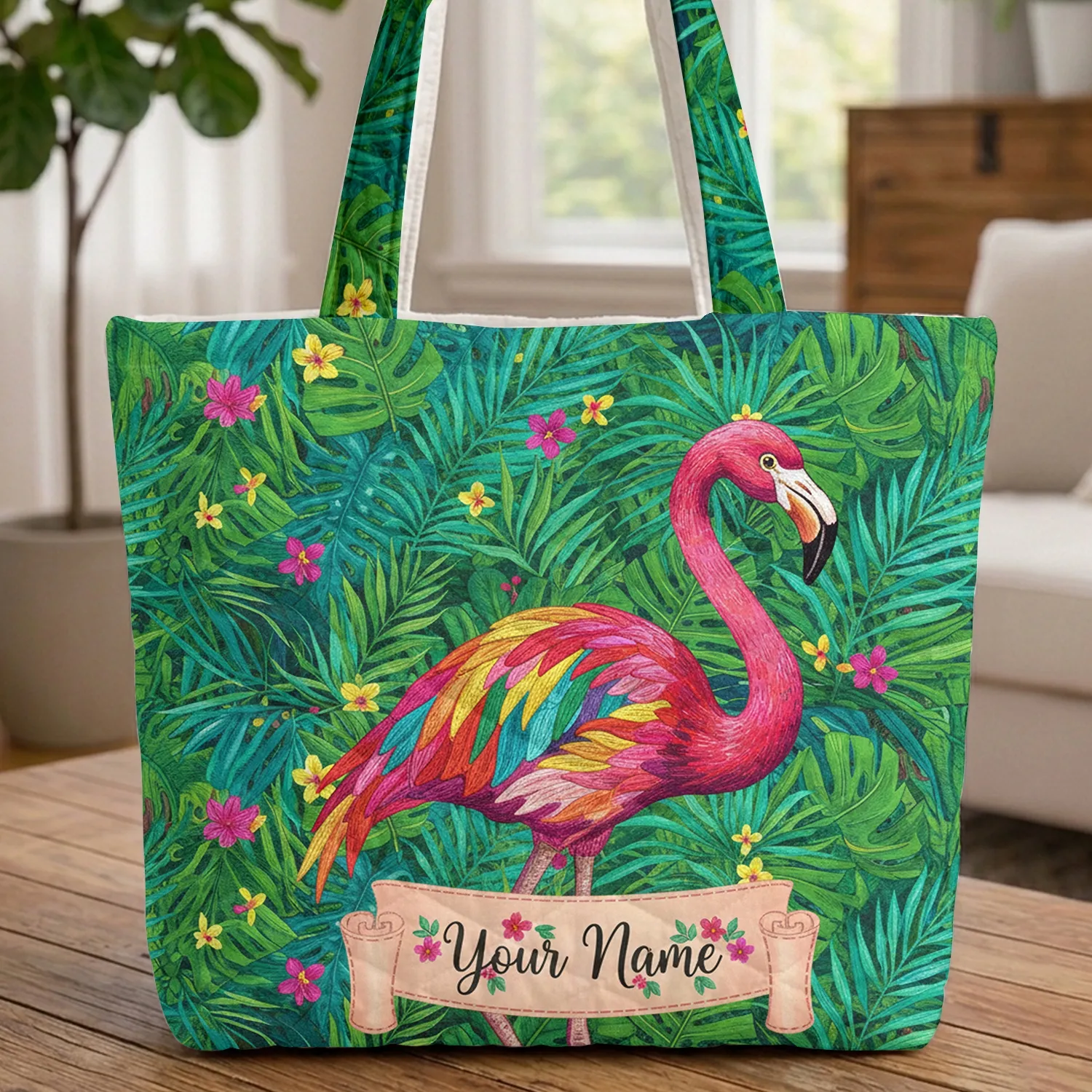 Flamingo Tropical Foliage Jungle Canopy - Wildlife Lover Gift Quilted Tote Bag - 1