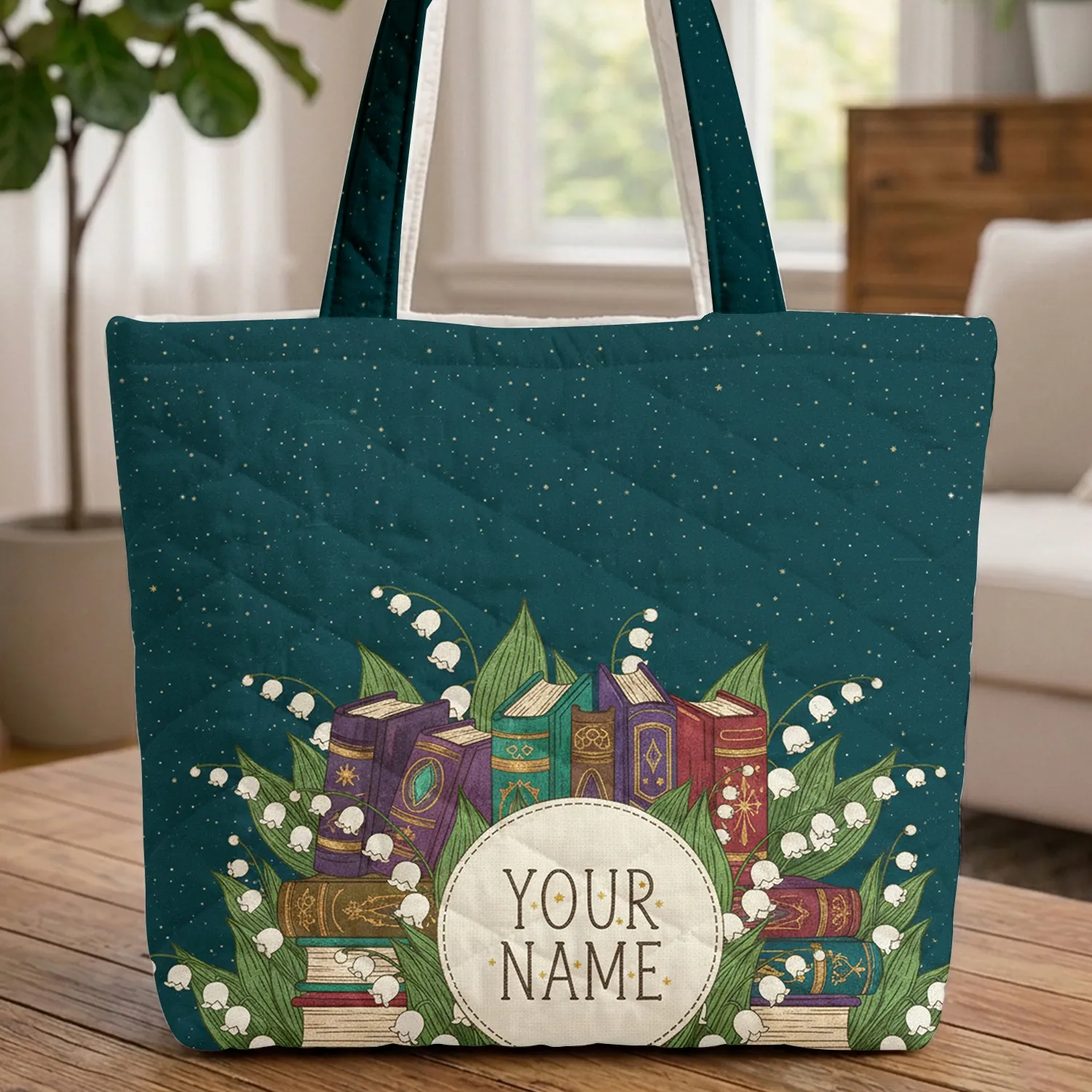Ornate Vintage Books Lily-of-the-Valley Starry Night Gold Stars - Book Lover Gift Quilted Tote Bag - 1