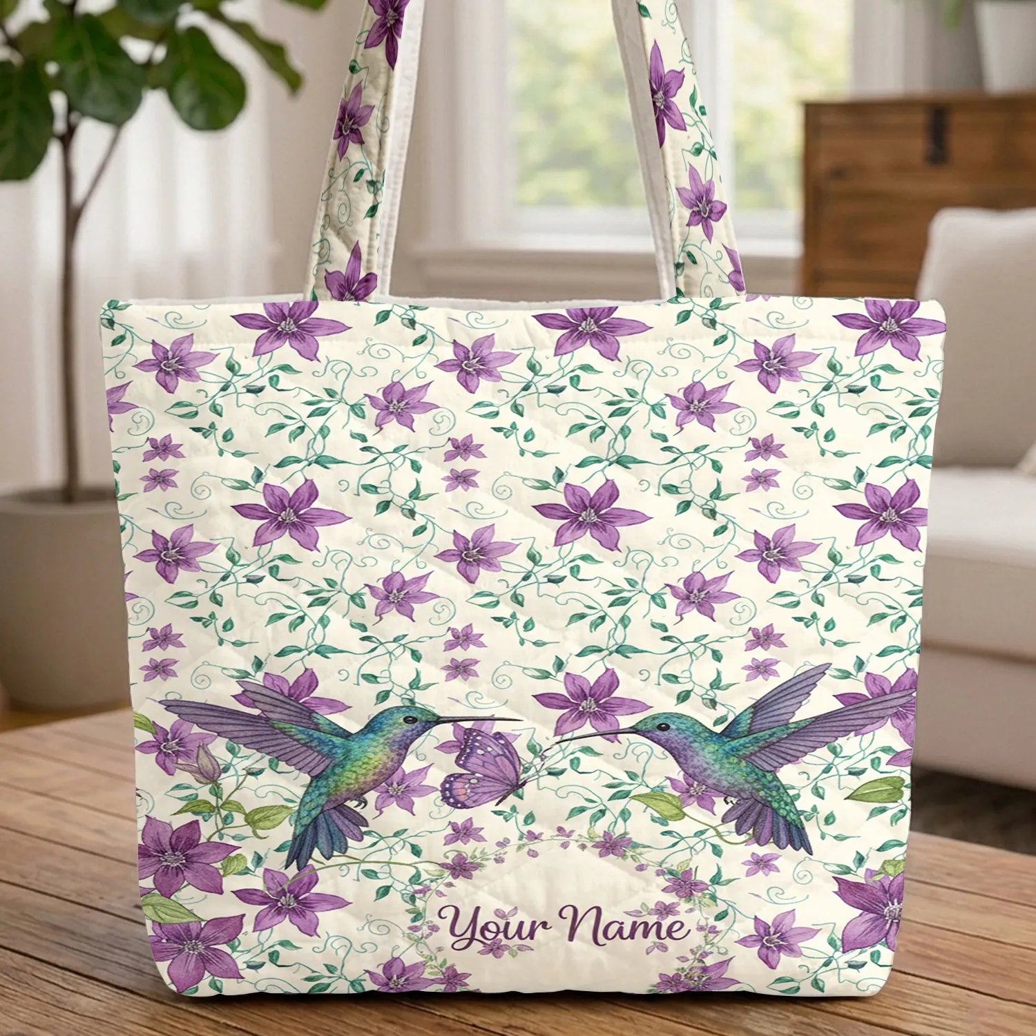 Hummingbird Butterfly Clematis Blossom Floral Vine Wreath - Wildlife Lover Gift Quilted Tote Bag - 1