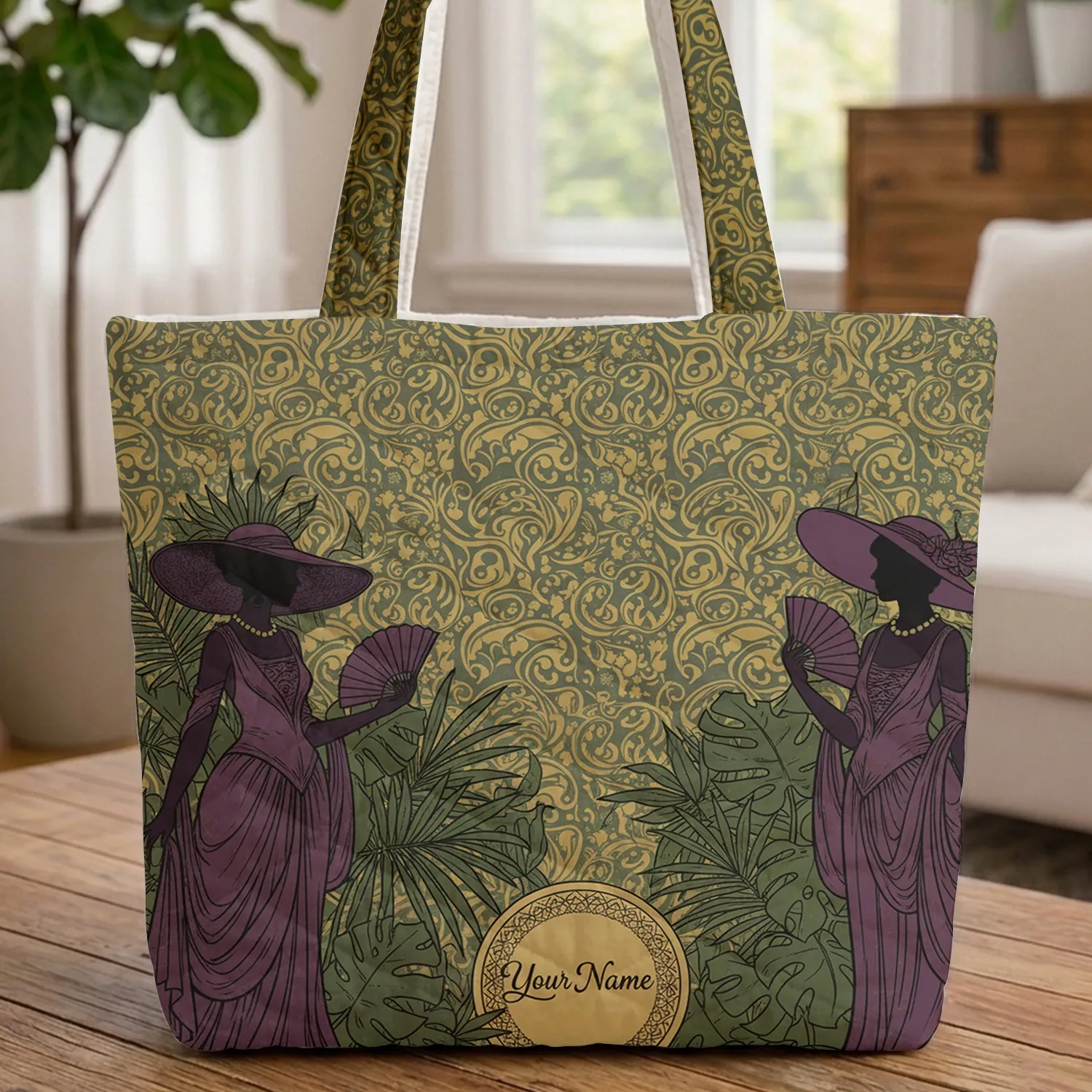 Women Gowns Hats Fan Tropical Foliage Name Medallion Personalized Gift Quilted Tote Bag - 1