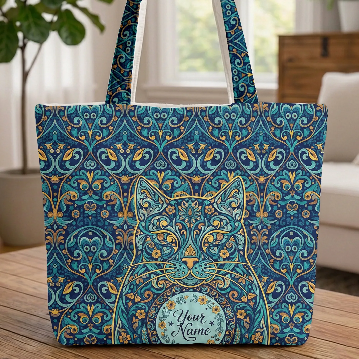 Cat Face Floral Wreath Leaves Tapestry - Cat Lover Everyday Gift Quilted Tote Bag - 1