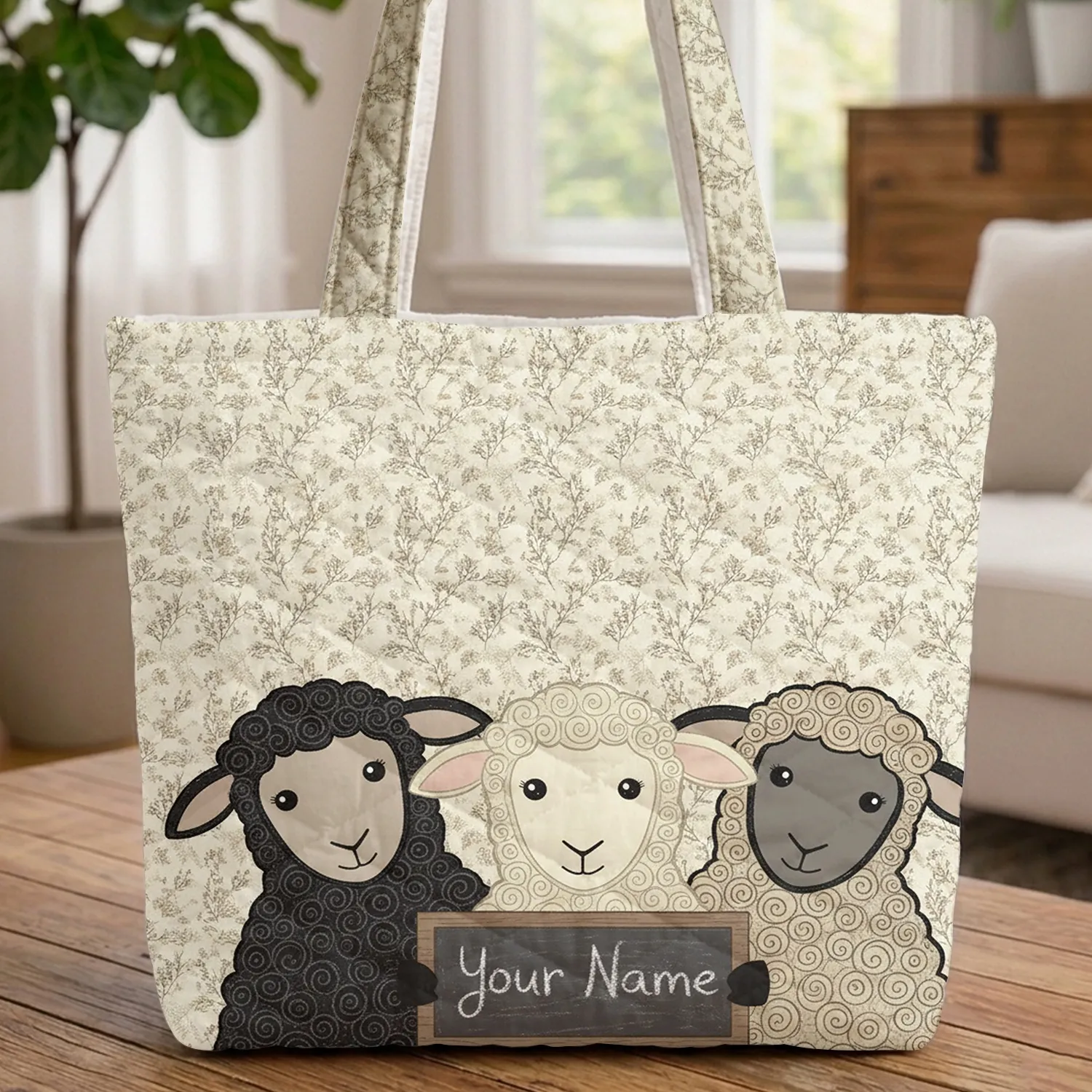 Three Sheep Faces Heather Leaves - Farmhouse Decor Gift for Sheep Lover Quilted Tote Bag - 1