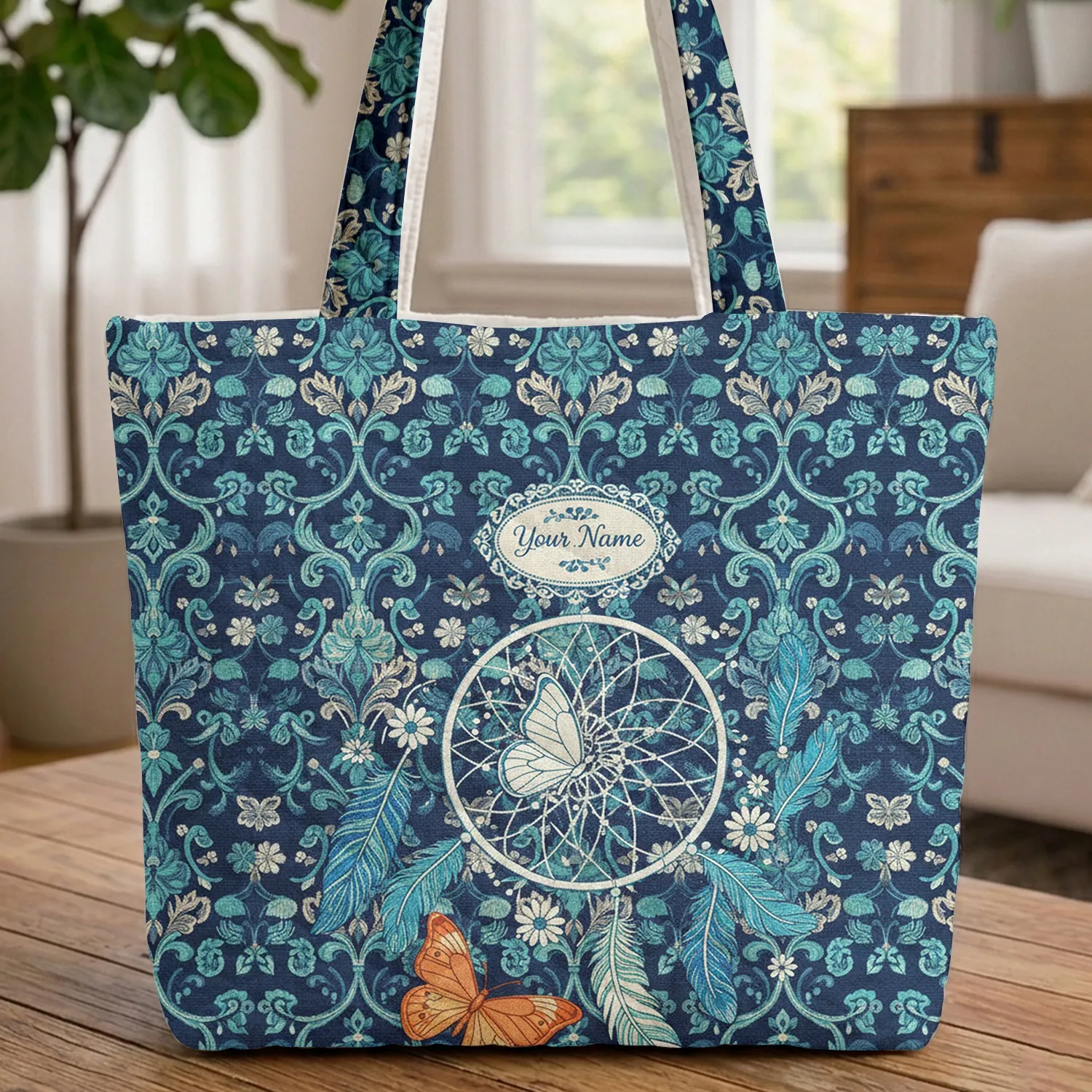 Dreamcatcher Butterfly Daisy Flowers - Monogram Everyday Carry Gift Quilted Tote Bag - 1