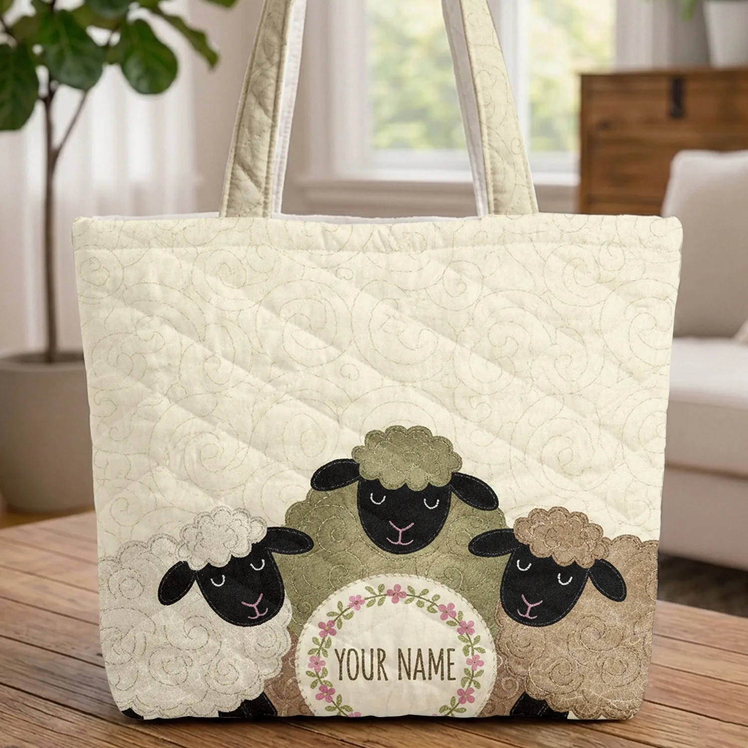 Three Sheep Floral Wreath - Farmhouse Decor Gift for Sheep Lover Quilted Tote Bag - 1