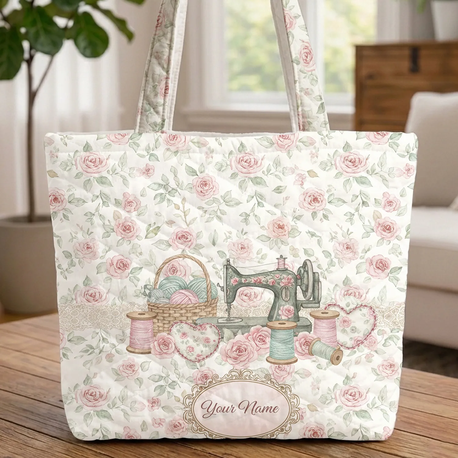 Vintage Sewing Machine Roses Thread Spools Yarn Basket - Crafting Hobby Gift for Seamstress Quilted Tote Bag - 1