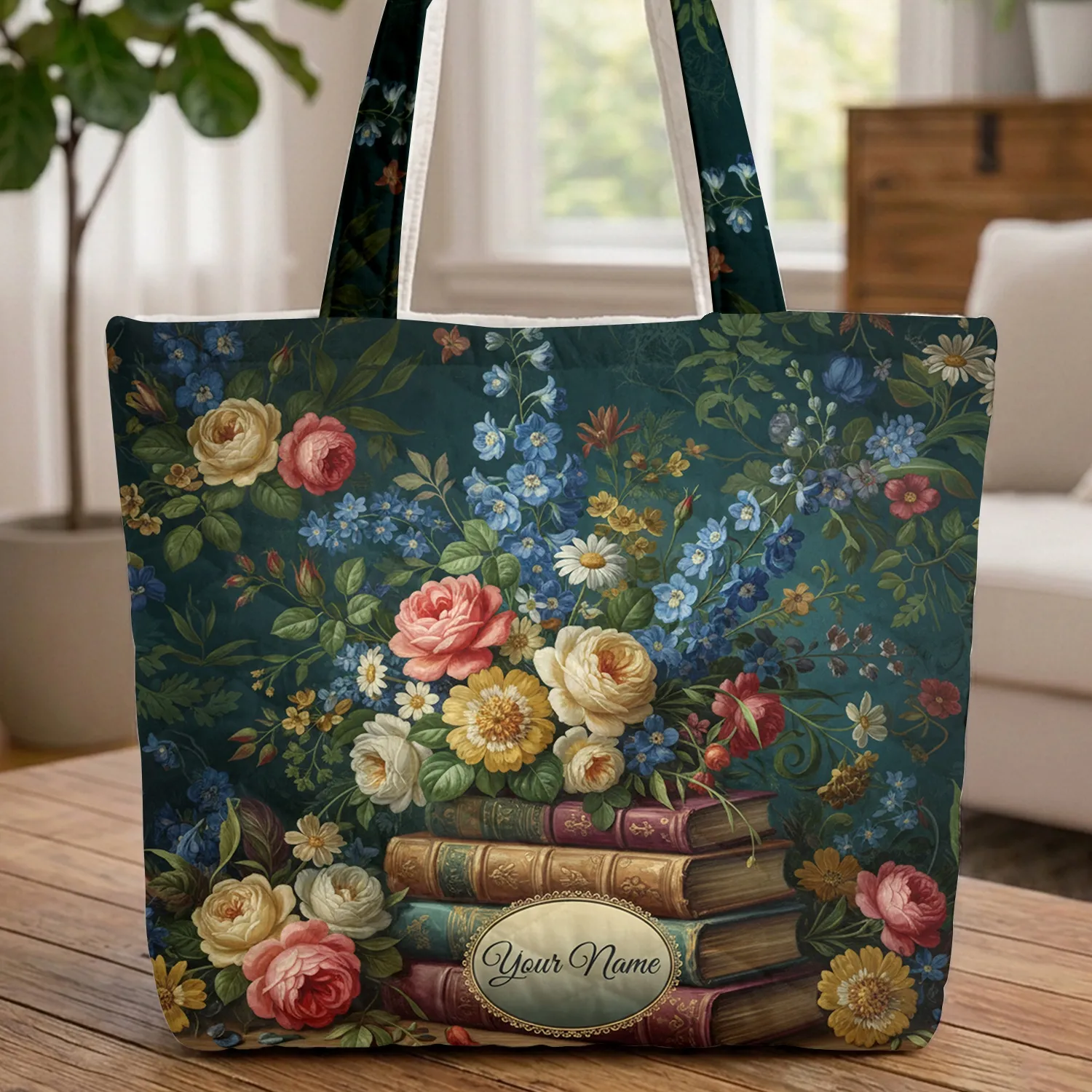 Ornate Vintage Books Rose Delphinium Still Life - Book Lover Gift Quilted Tote Bag - 1