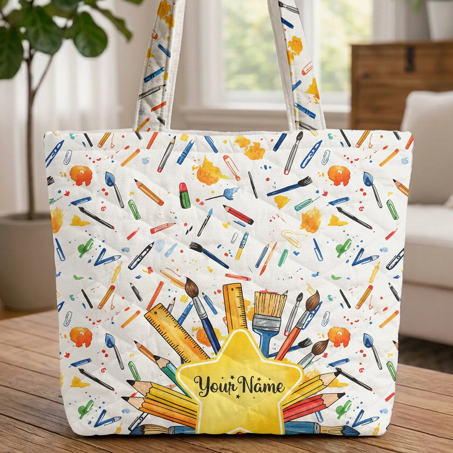 Personalized School Supplies Pencils Rulers Paintbrushes - Back to School Student Gift Quilted Tote Bag - 1
