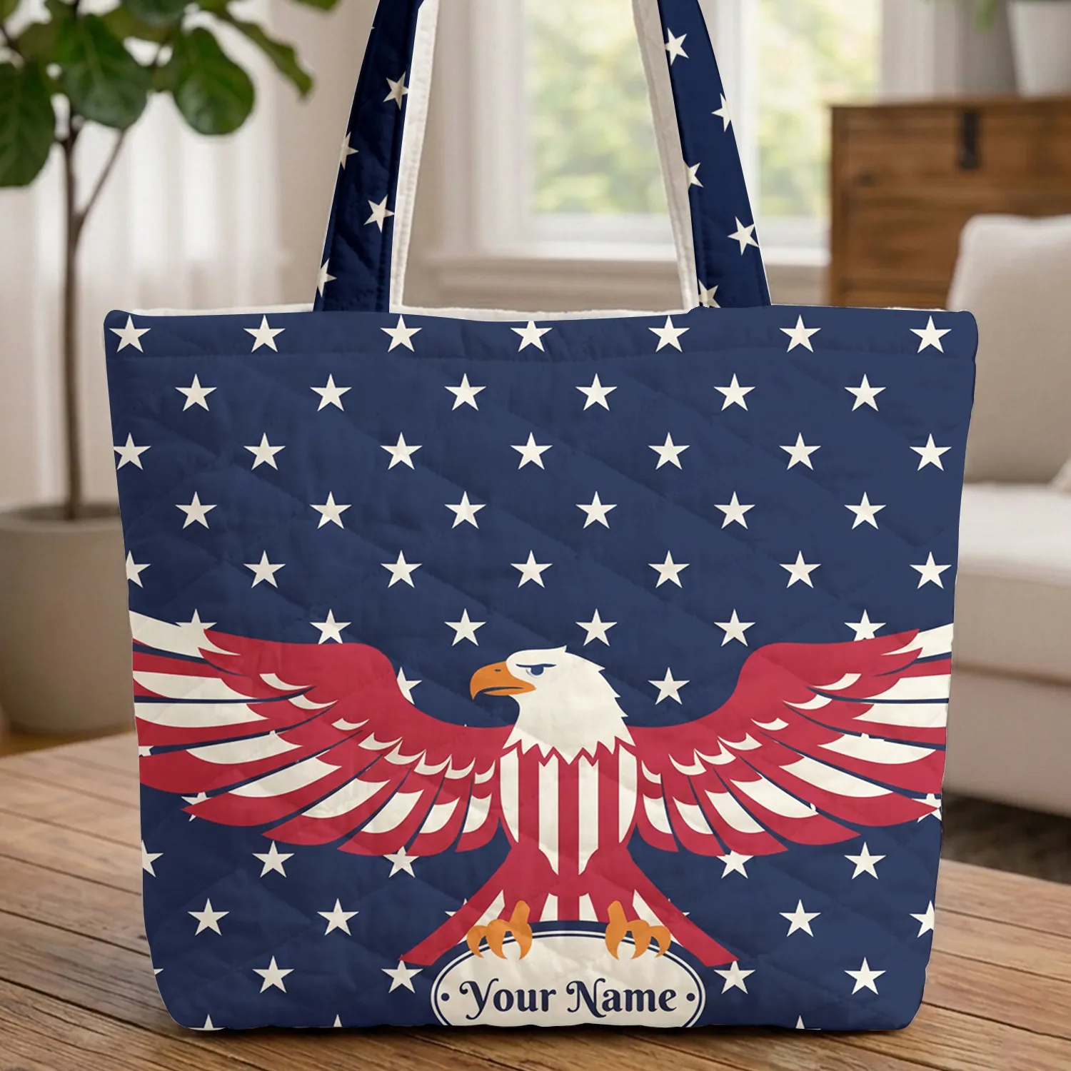 Personalized Bald Eagle Flag Stars - Independence Day Gift Quilted Tote Bag - 1