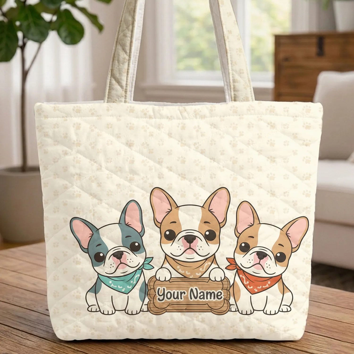 French Bulldog Puppies Dog Bone Sign - Pet Lover Gift for Dog Moms Quilted Tote Bag - 1