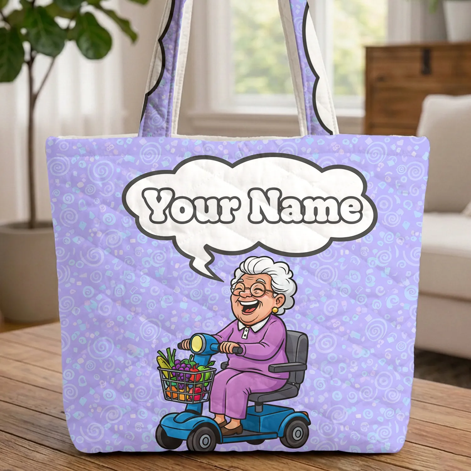 Laughing Senior Lady Scooter Shopping Groceries - Personalized Gift Quilted Tote Bag - 1