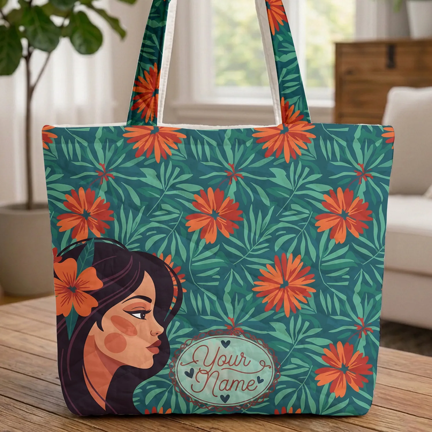 Personalized Woman Profile Tropical Flowers Leaves - Everyday Carry Gift for Her Quilted Tote Bag - 1