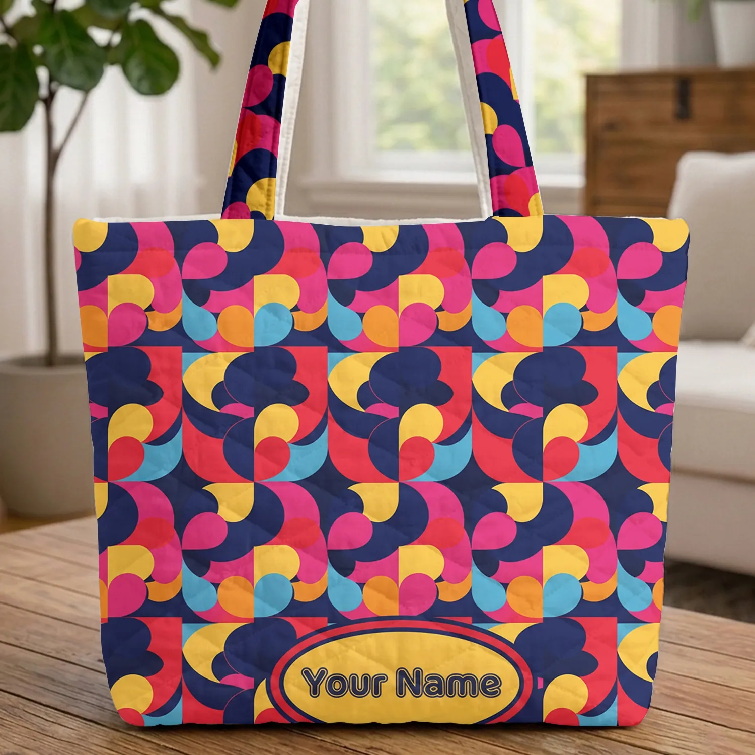 Clean Line Circles Shapes Name Oval Medallion - Personalized Keepsake Gift Quilted Tote Bag - 1