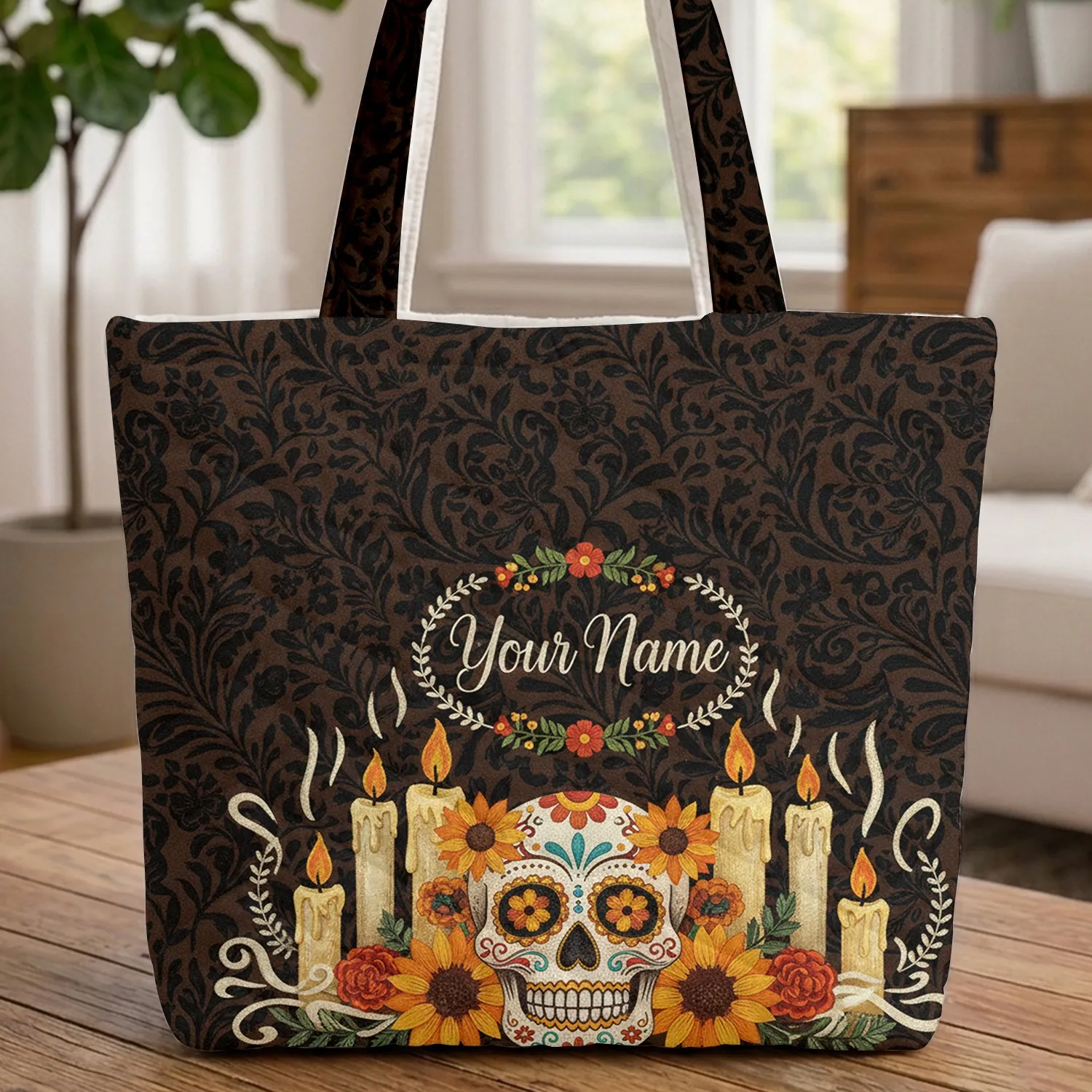 Ornate Sugar Skull Marigolds Sunflowers Autumnal Floral Altar Candles - Day of the Dead Gift Quilted Tote Bag - 1