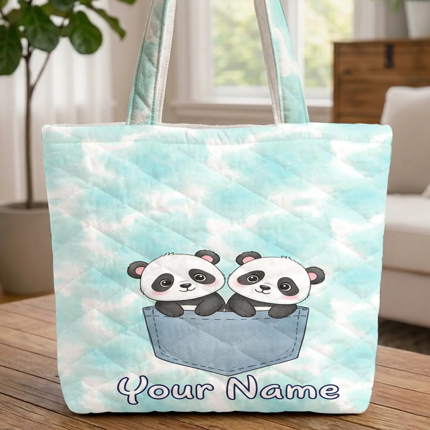 Cartoon Baby Pandas Peeking Denim Pocket - Animal Lover Gift for Kids Quilted Tote Bag - 1
